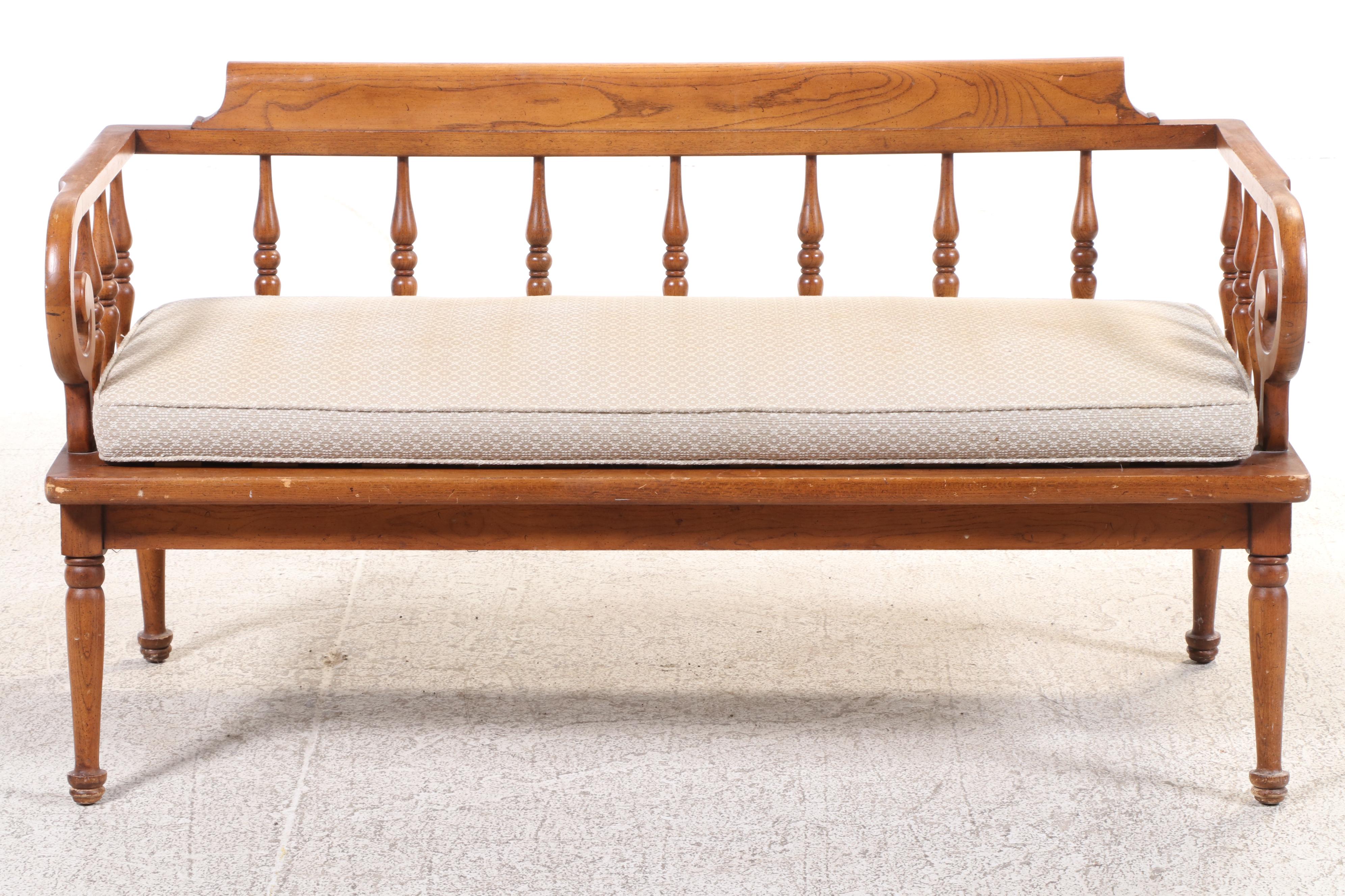 Oak Spindle Back Bench with Cushion, Mid-20th Century