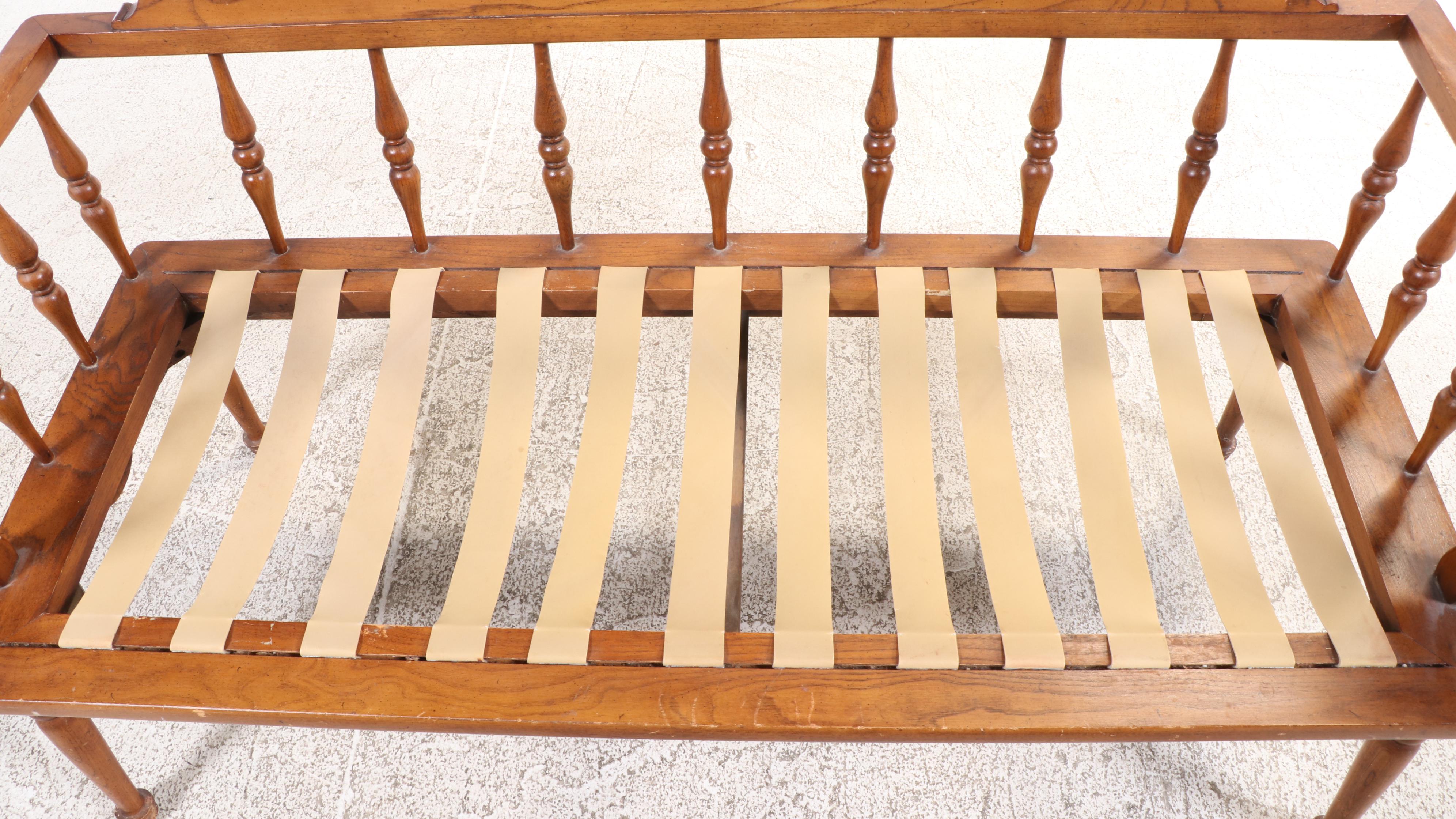 Oak Spindle Back Bench with Cushion, Mid-20th Century