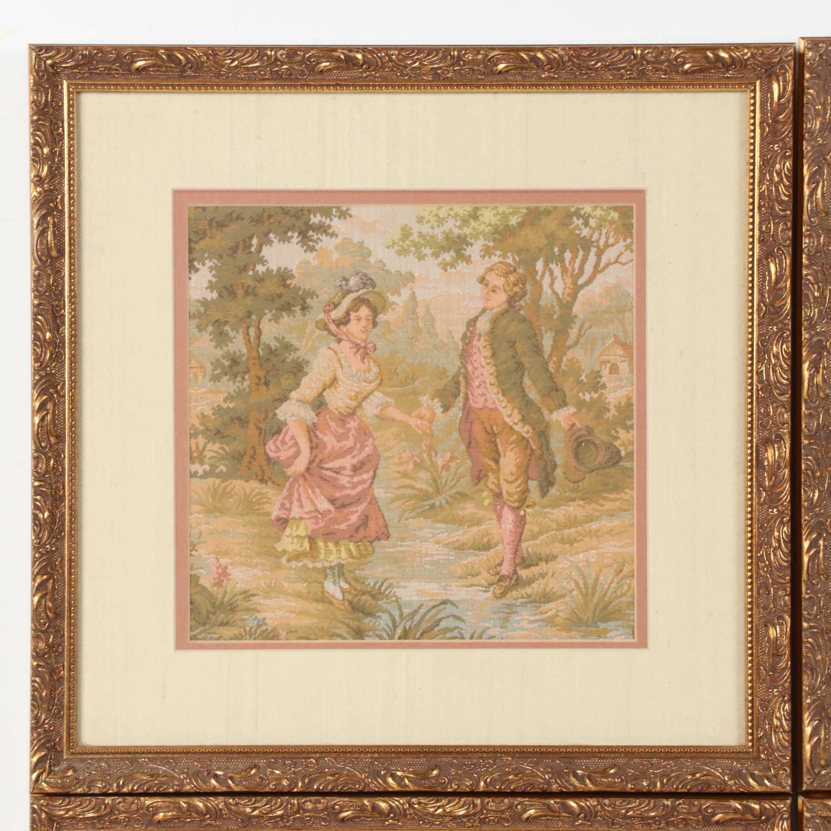 Framed Gobelin Rococo Style Woven Tapestries