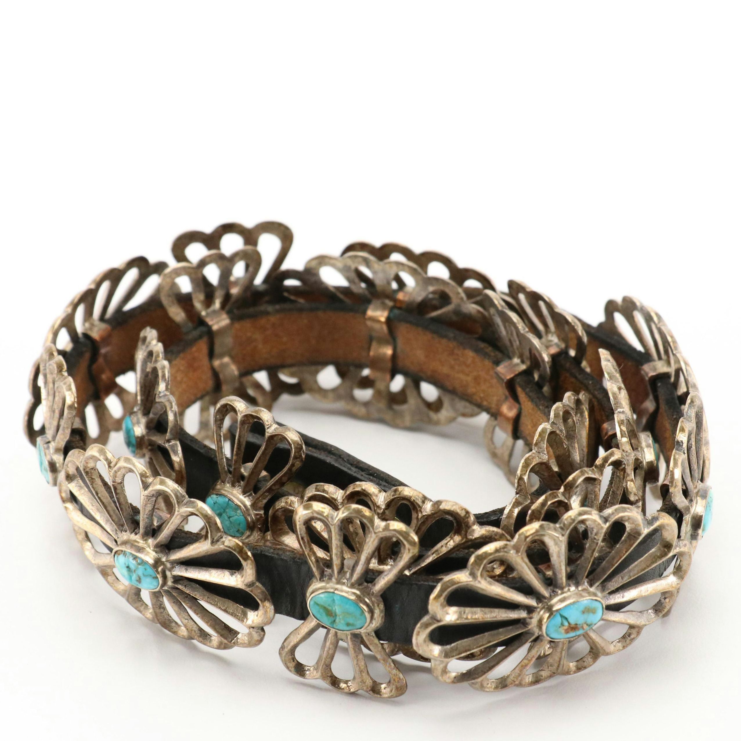 Navajo Sand Cast Silver and Turquoise Concho Belt