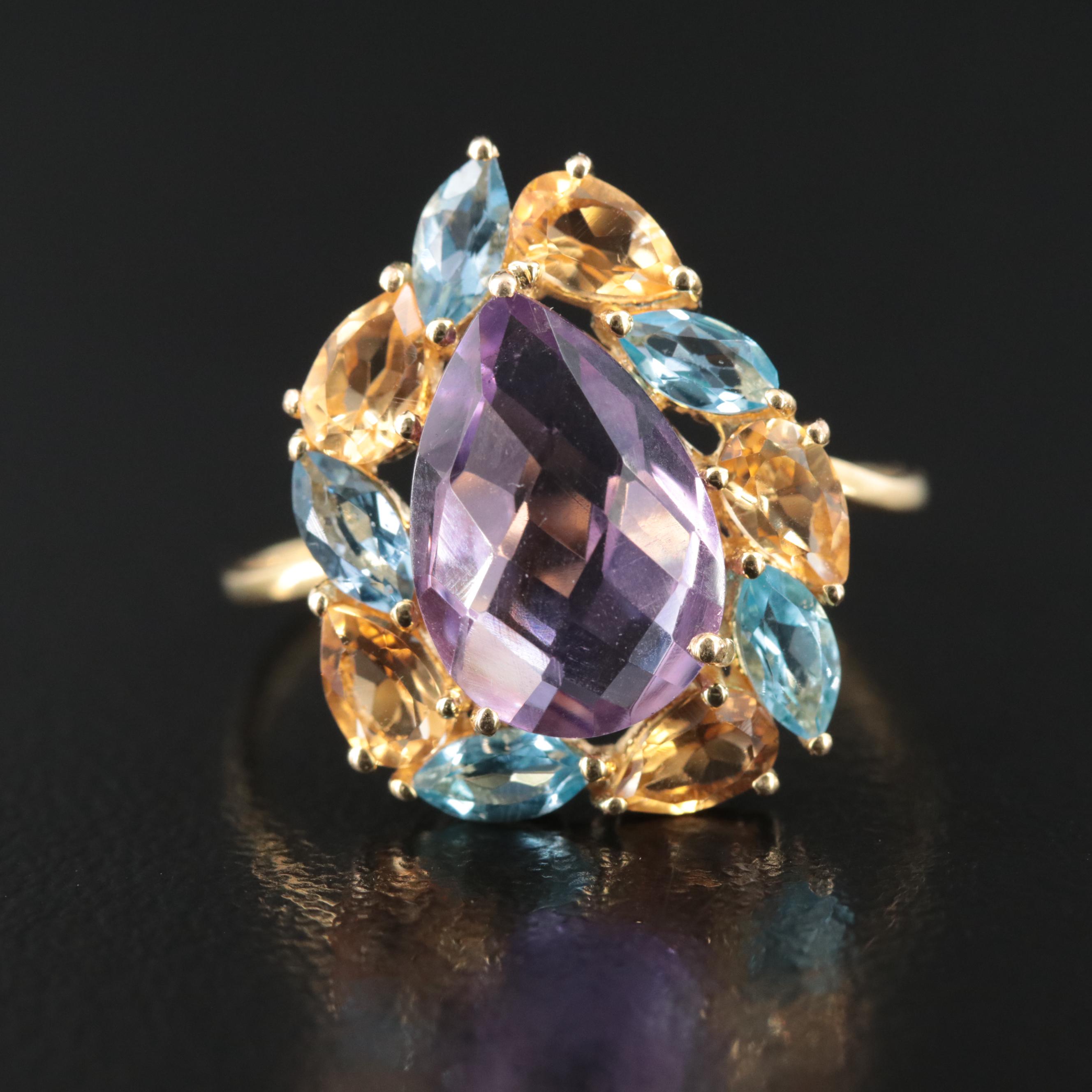 14K Amethyst, Topaz and Citrine Ring