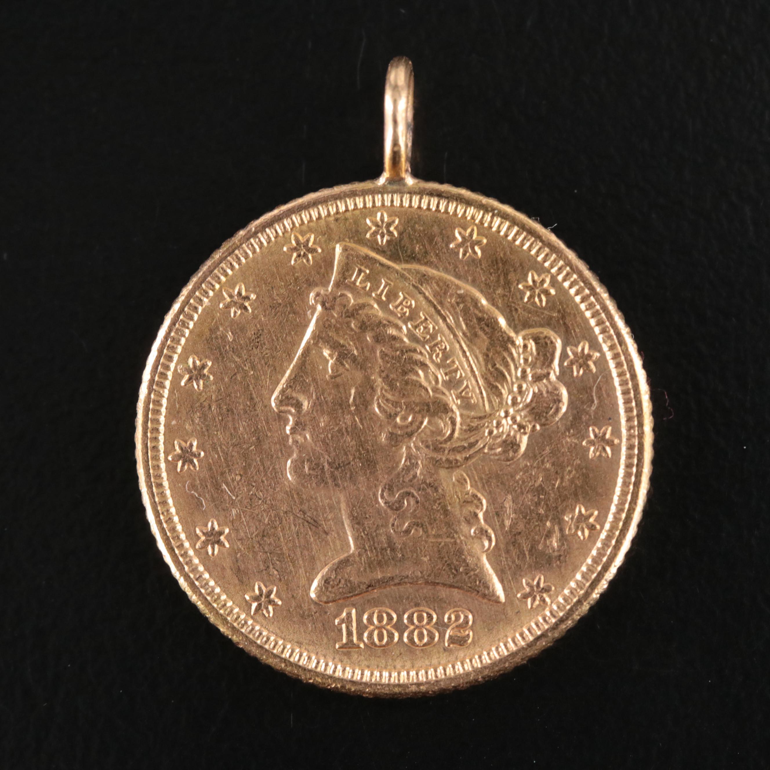 1882 Liberty Head $5 Gold Half Eagle Coin Pendant