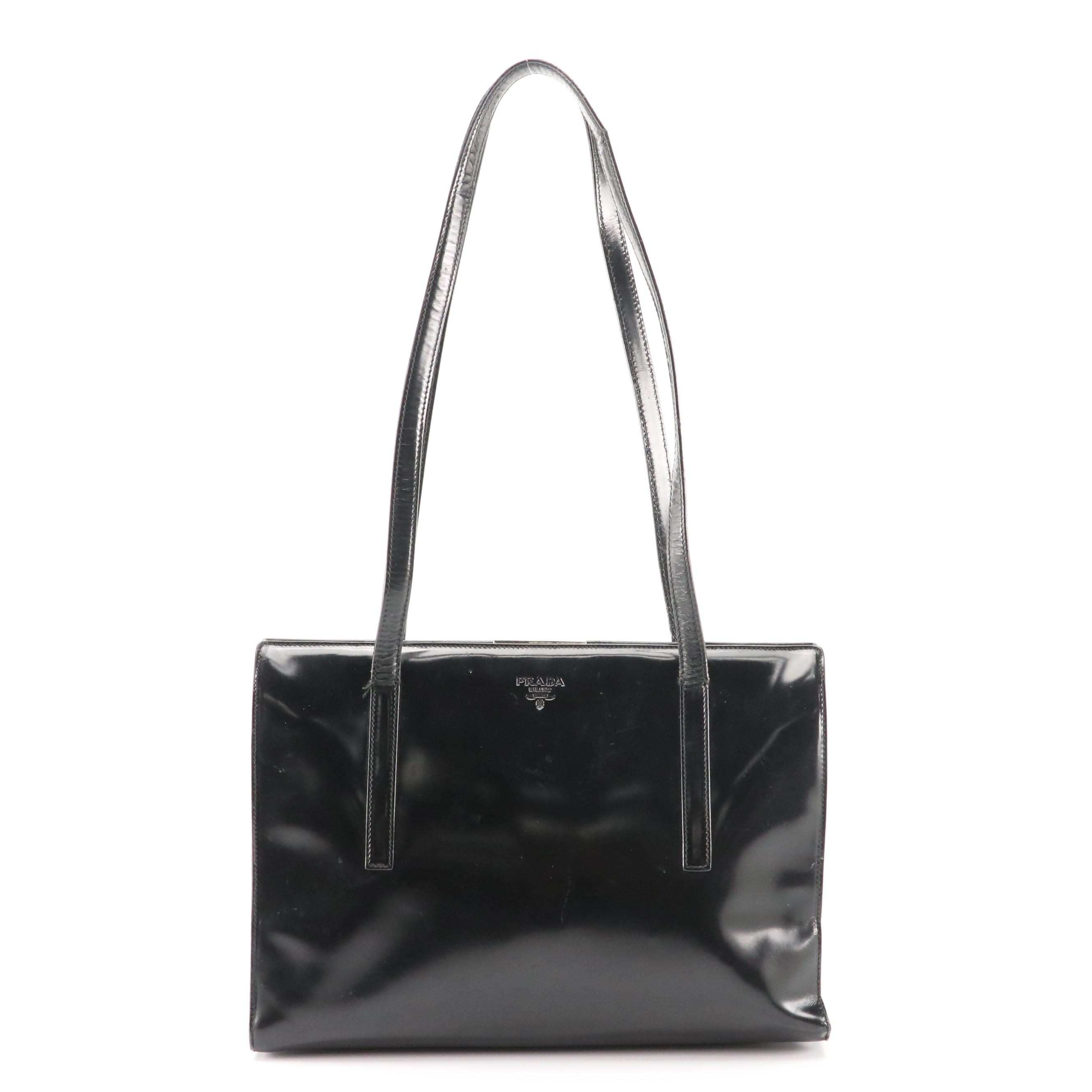 Prada Vintage Black Patent Leather Push Lock Frame Shoulder Bag