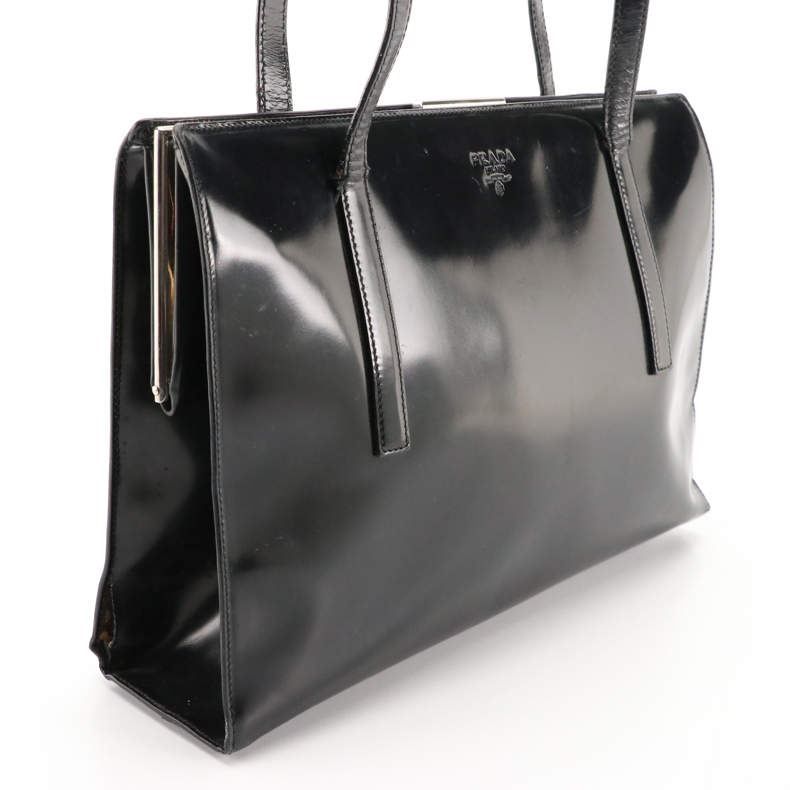 Prada Vintage Black Patent Leather Push Lock Frame Shoulder Bag