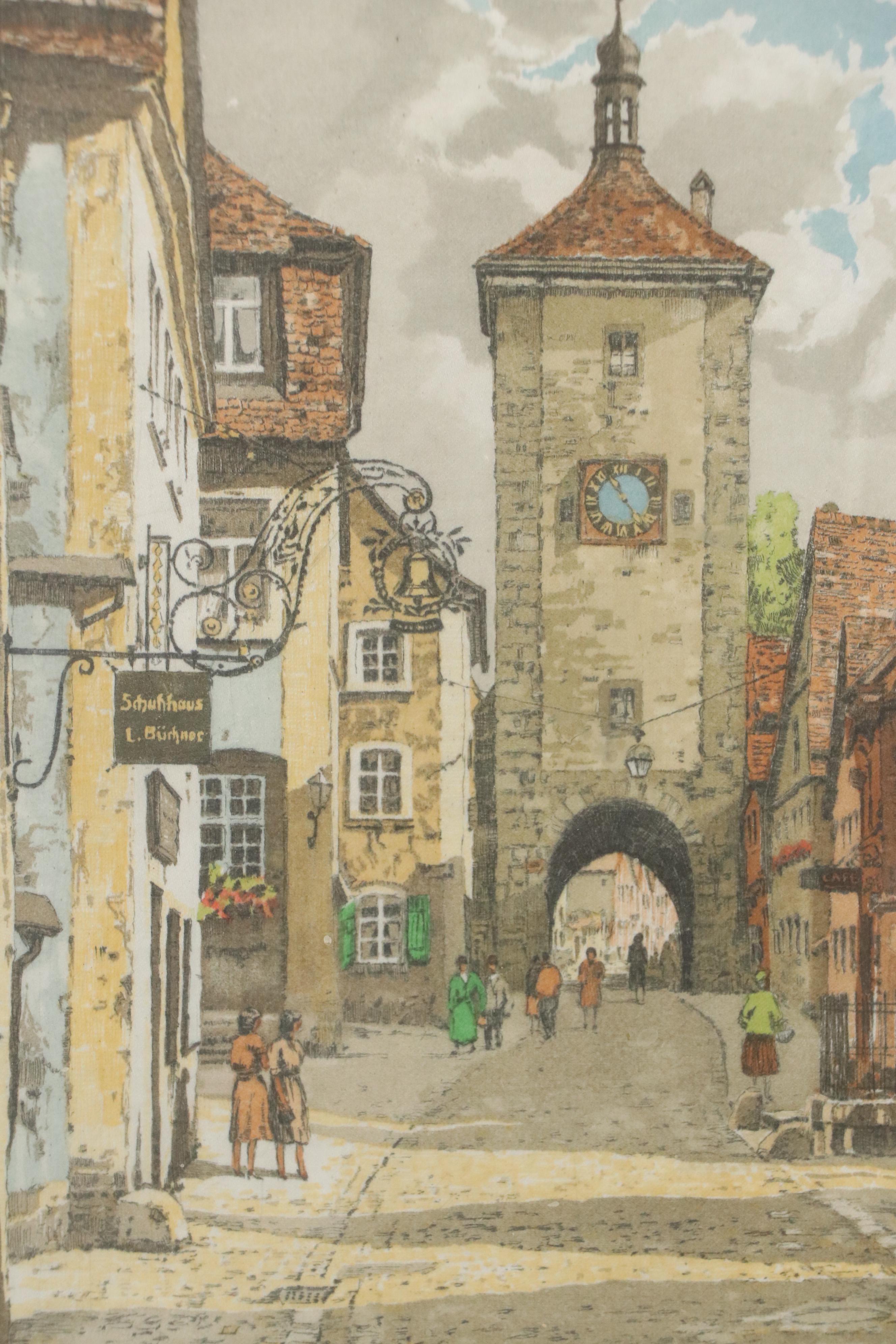 Hans Figura Etching on Silk of Rothenburg ob der Tauber Scene