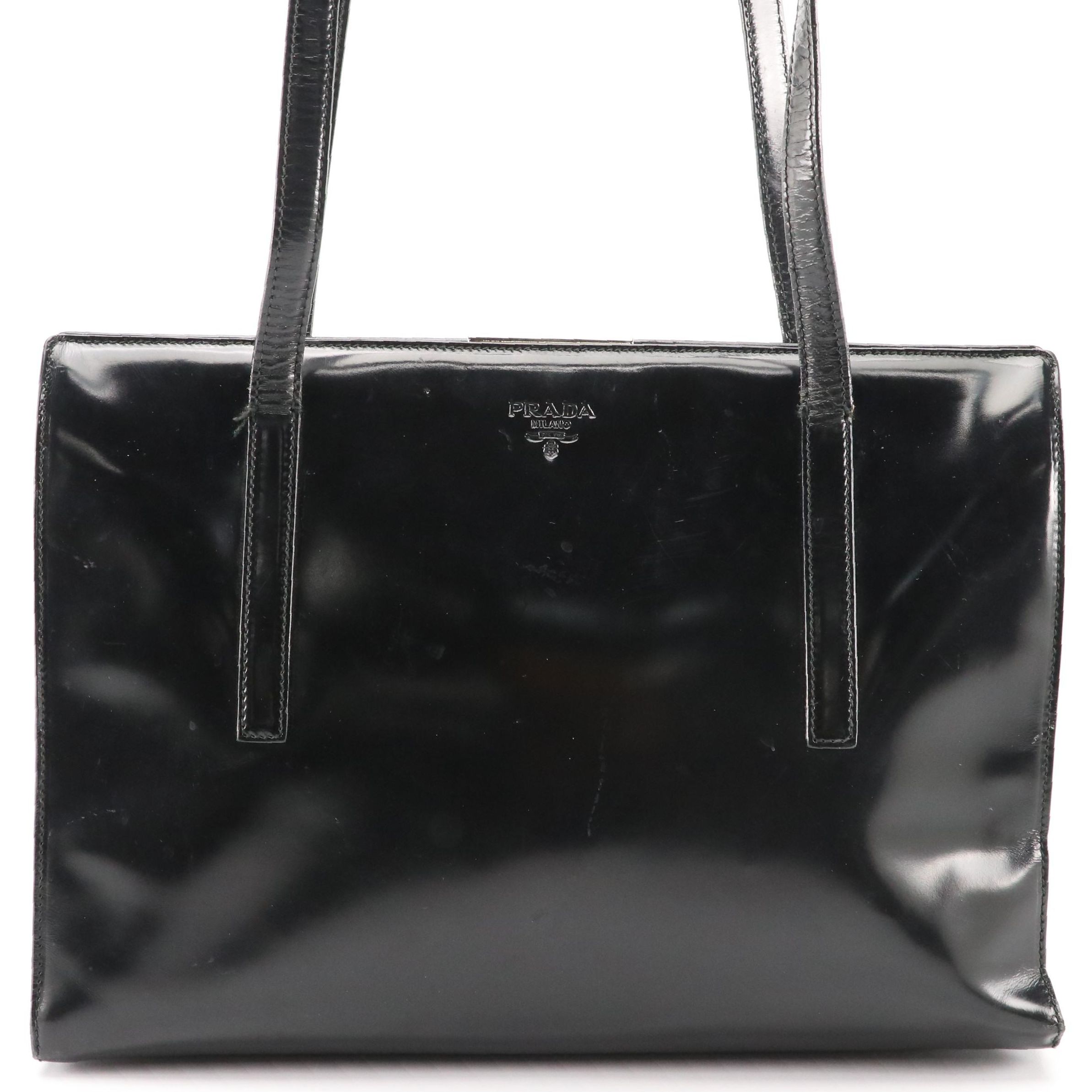 Prada Vintage Black Patent Leather Push Lock Frame Shoulder Bag