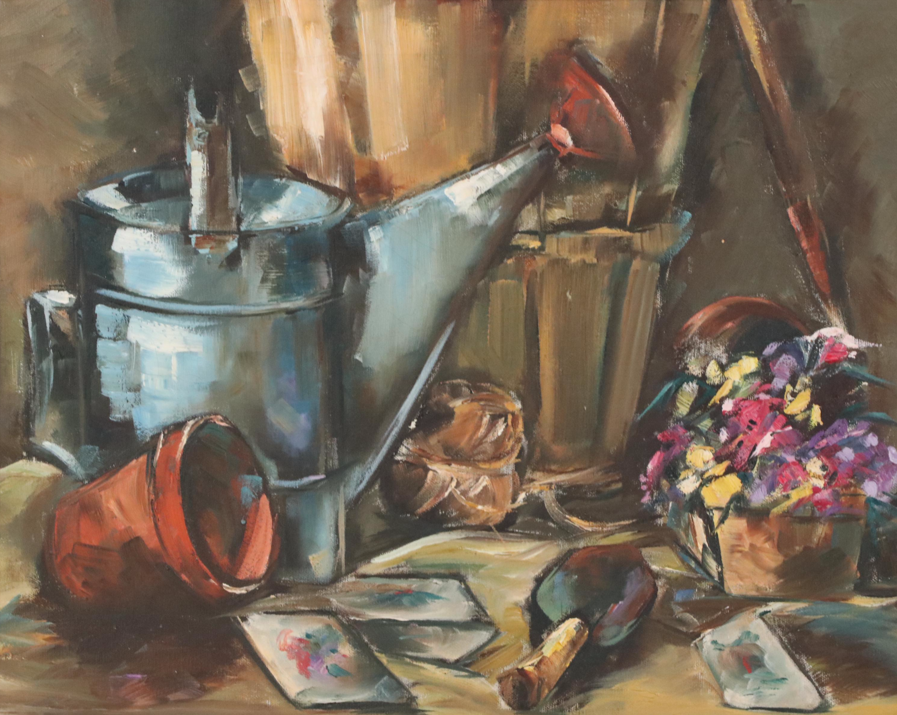 Gardening-Themed Still Life Oil Painting