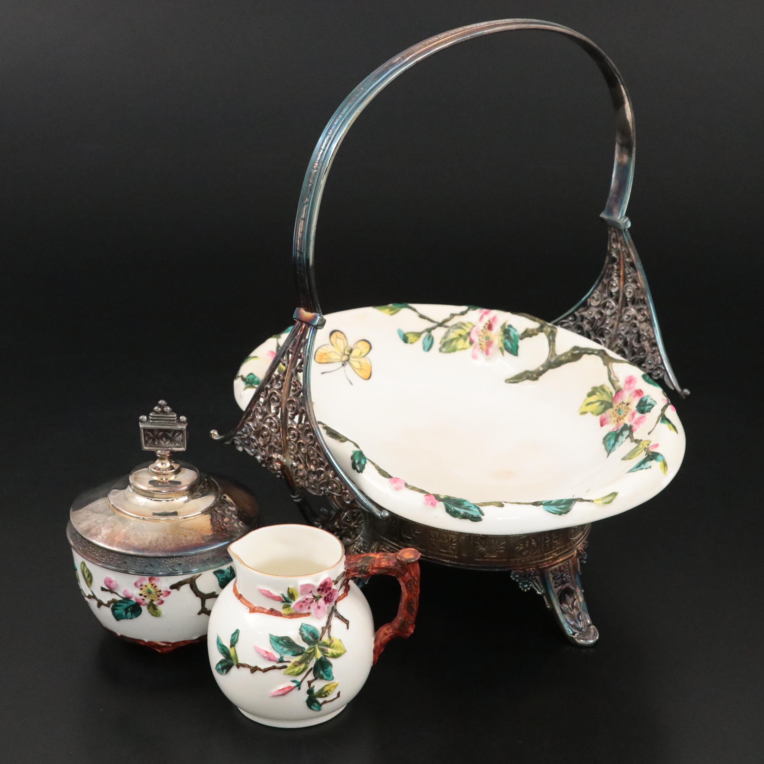 English E.J.D. Bodley Majolica and Silver Plate Cream and Sugar Set in Holder