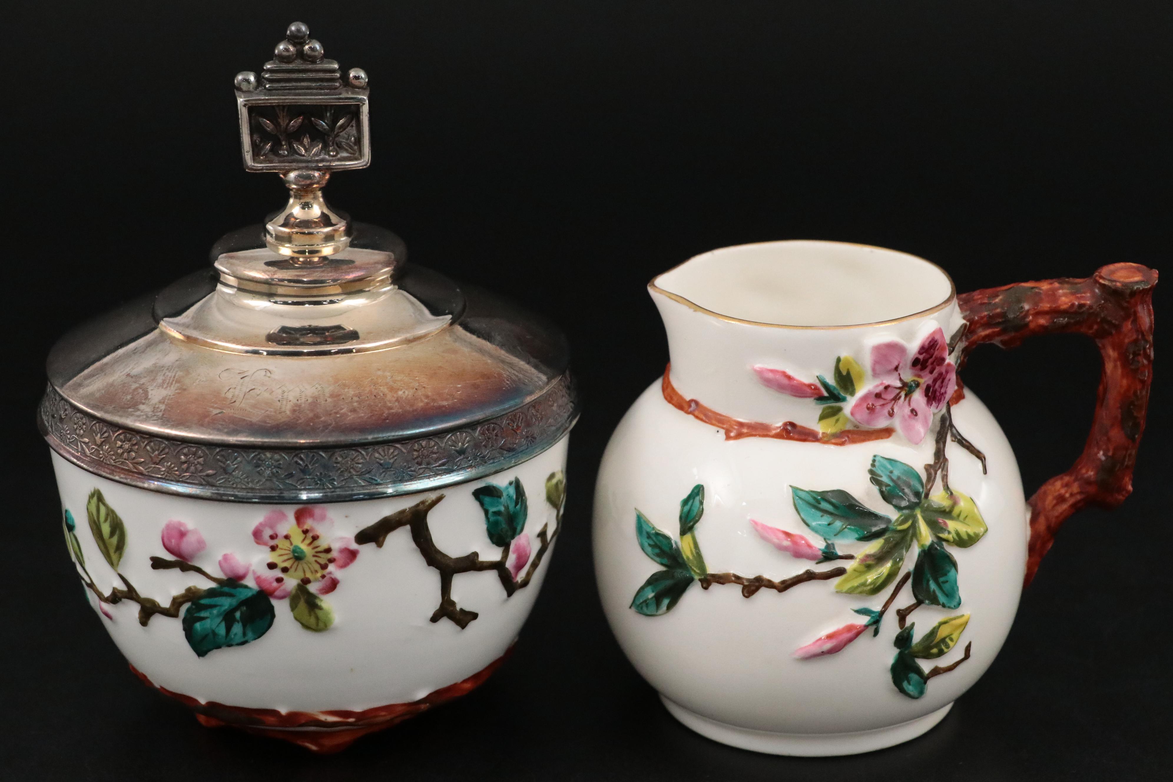 English E.J.D. Bodley Majolica and Silver Plate Cream and Sugar Set in Holder