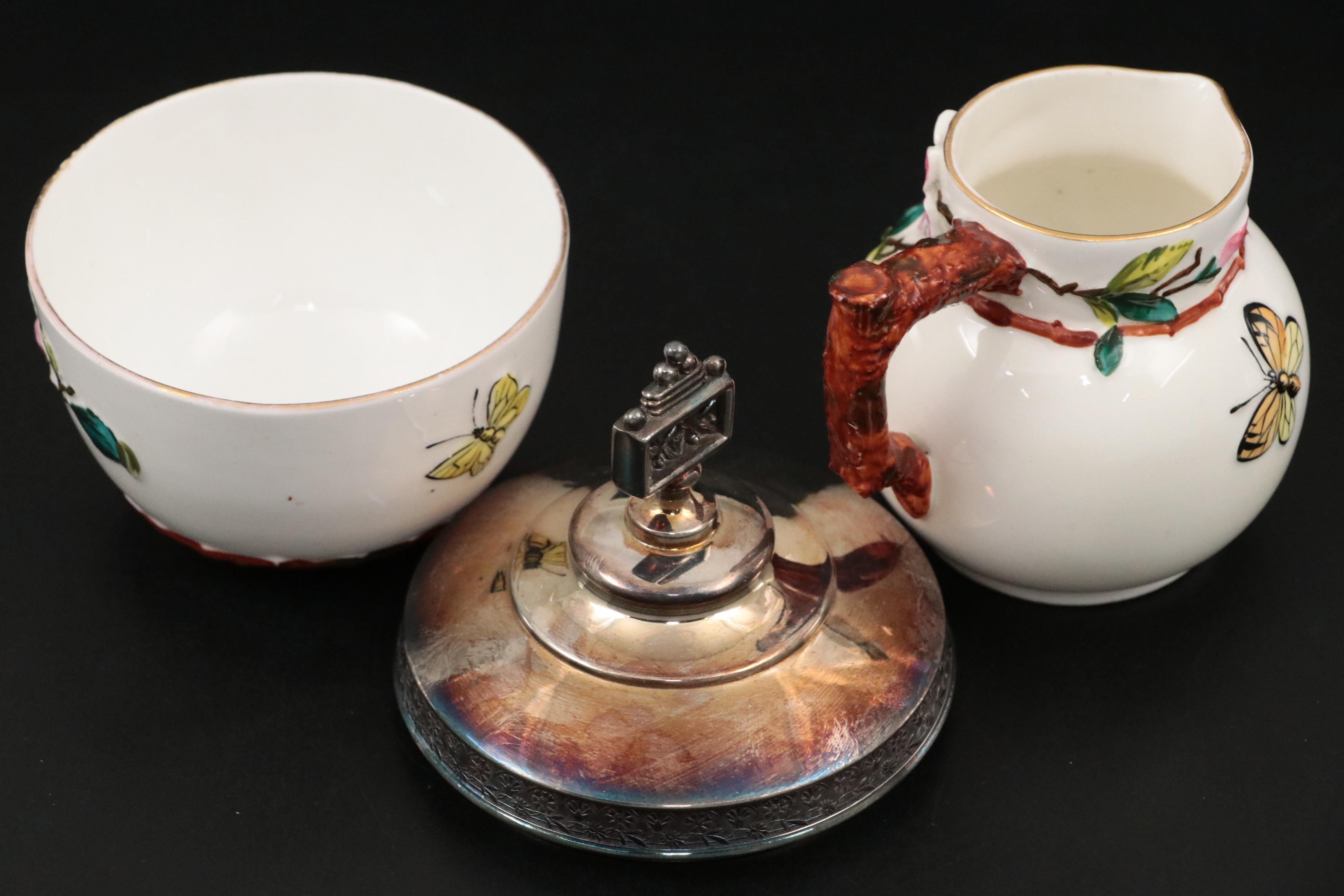 English E.J.D. Bodley Majolica and Silver Plate Cream and Sugar Set in Holder
