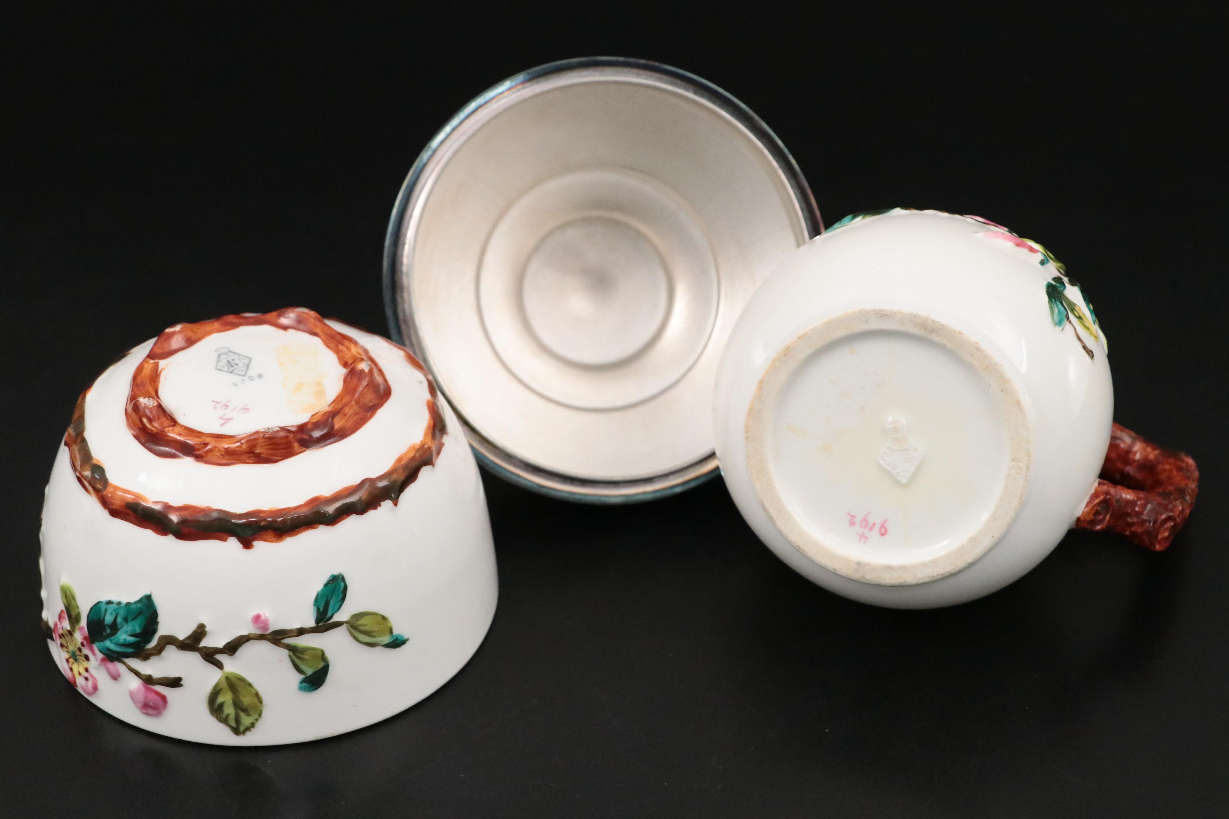 English E.J.D. Bodley Majolica and Silver Plate Cream and Sugar Set in Holder