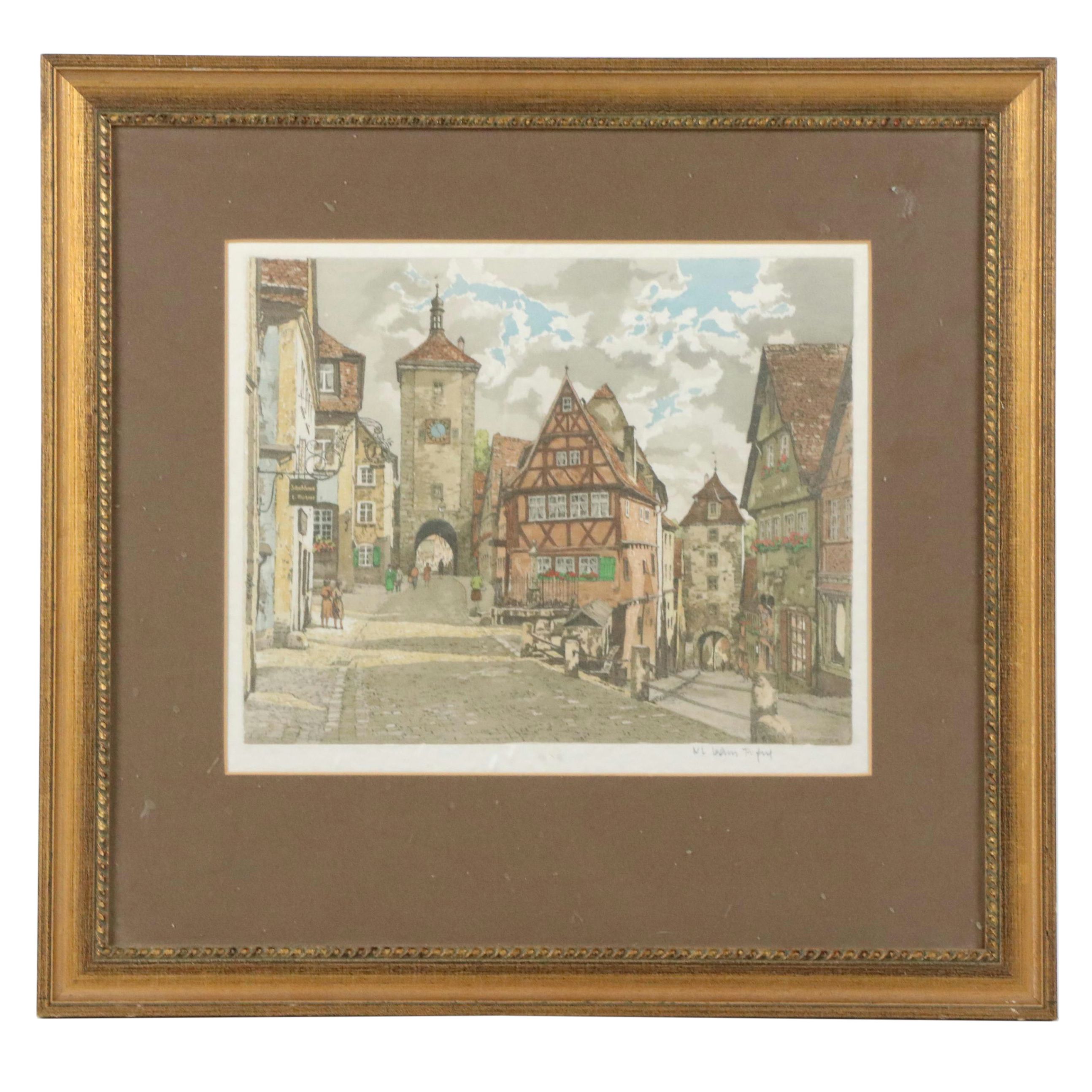 Hans Figura Etching on Silk of Rothenburg ob der Tauber Scene