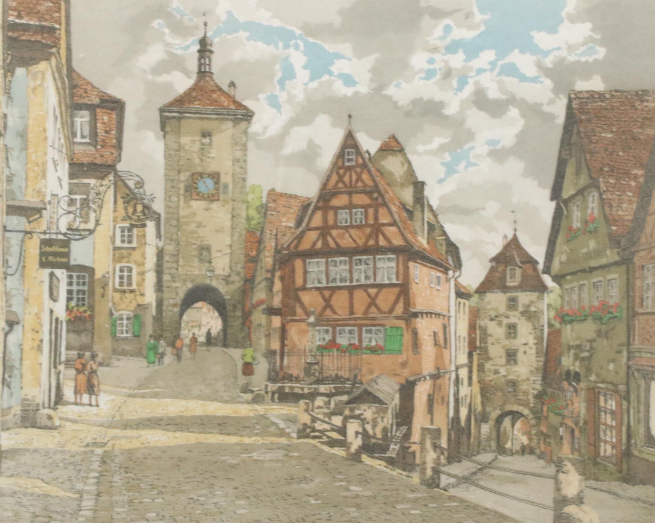 Hans Figura Etching on Silk of Rothenburg ob der Tauber Scene