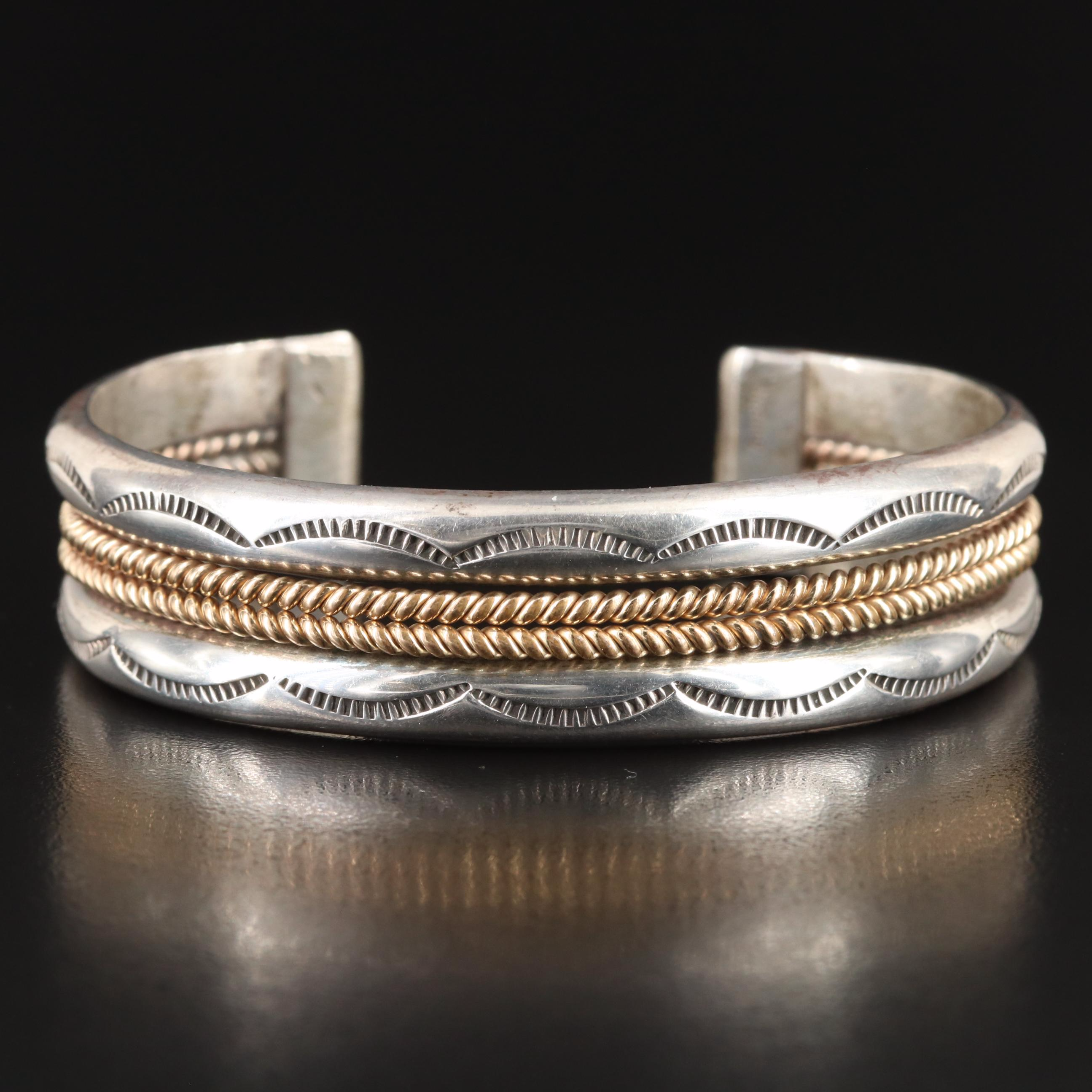 James Mason Navajo Diné Sterling Stampwork Cuff with Rope Accents