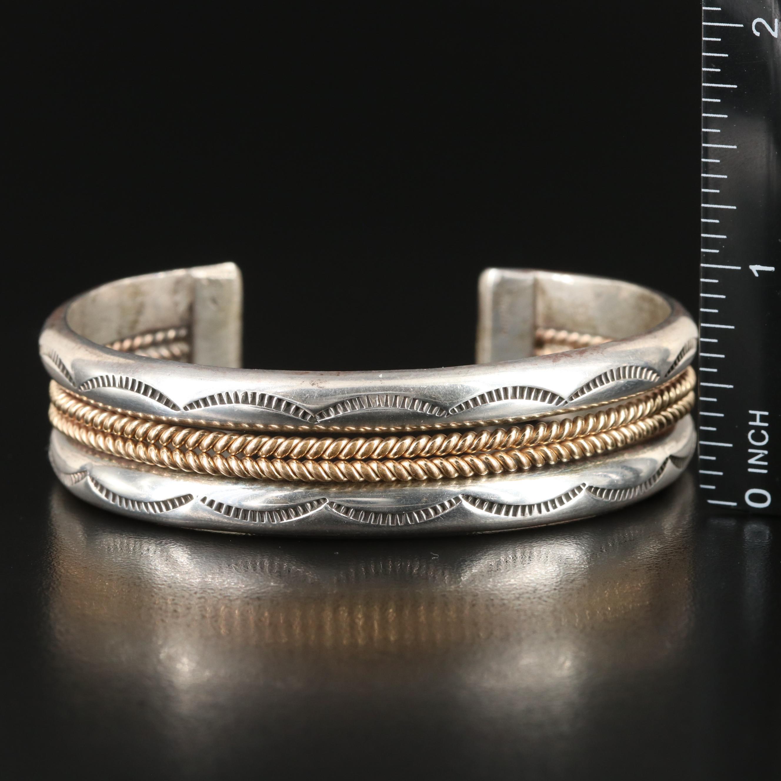 James Mason Navajo Diné Sterling Stampwork Cuff with Rope Accents