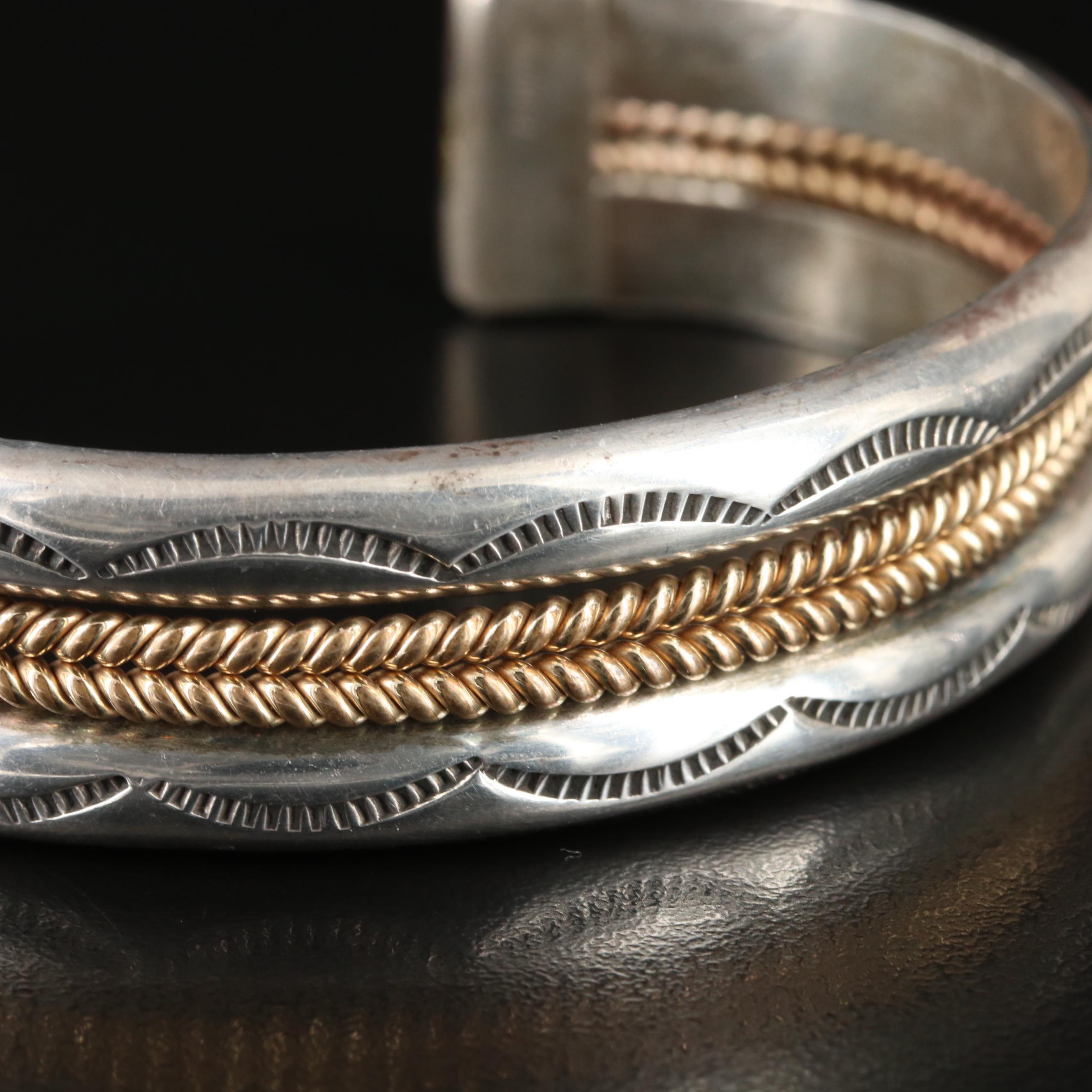 James Mason Navajo Diné Sterling Stampwork Cuff with Rope Accents