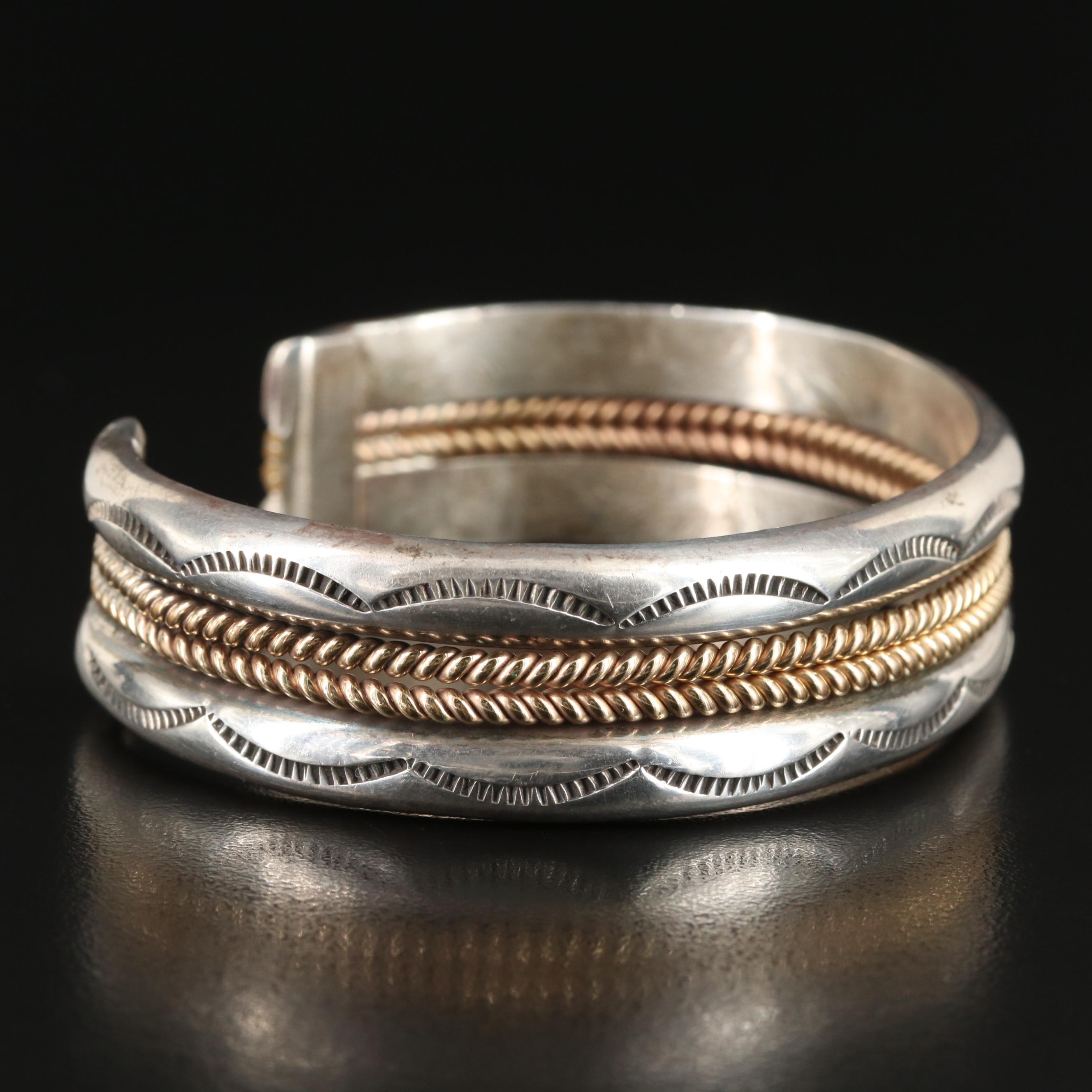 James Mason Navajo Diné Sterling Stampwork Cuff with Rope Accents