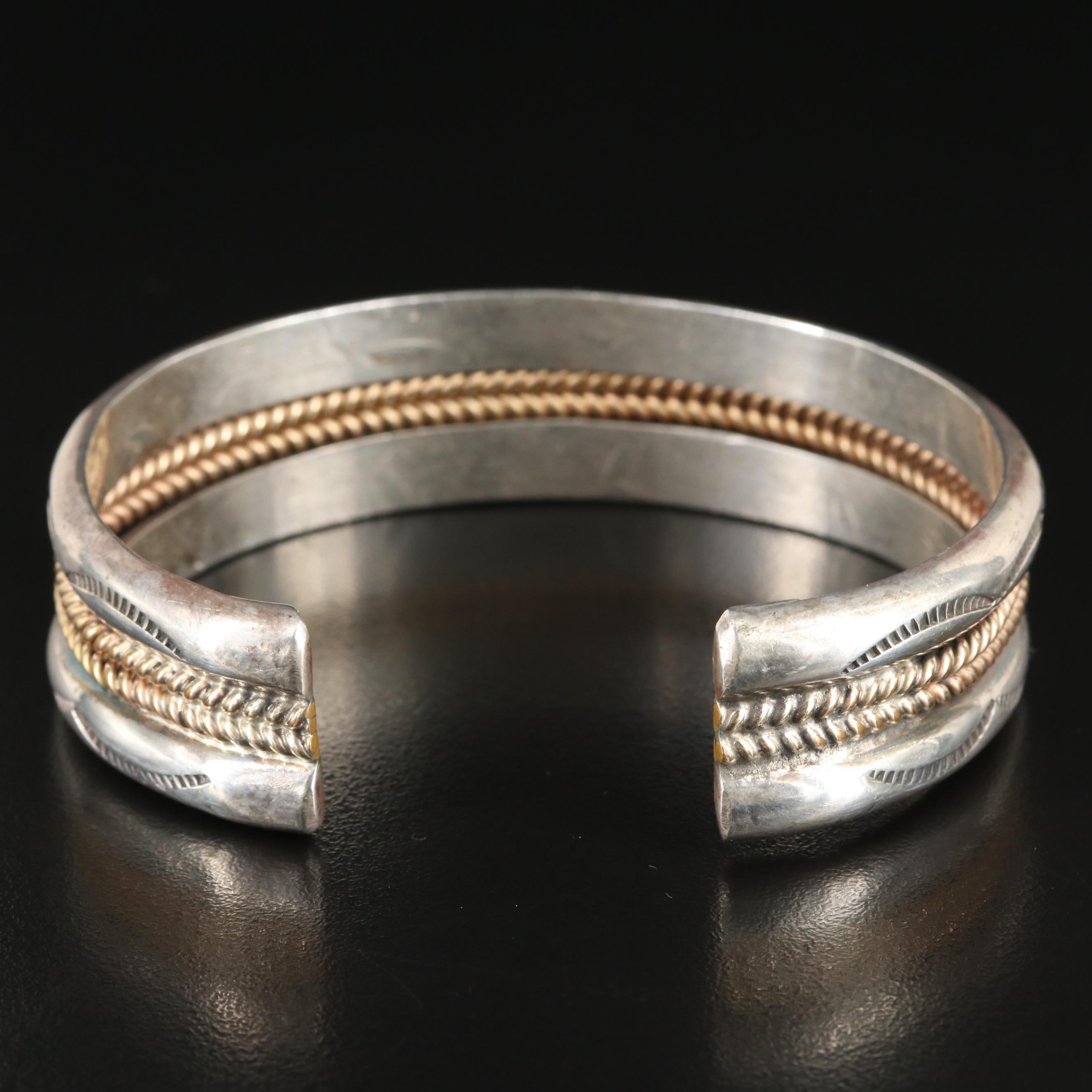 James Mason Navajo Diné Sterling Stampwork Cuff with Rope Accents