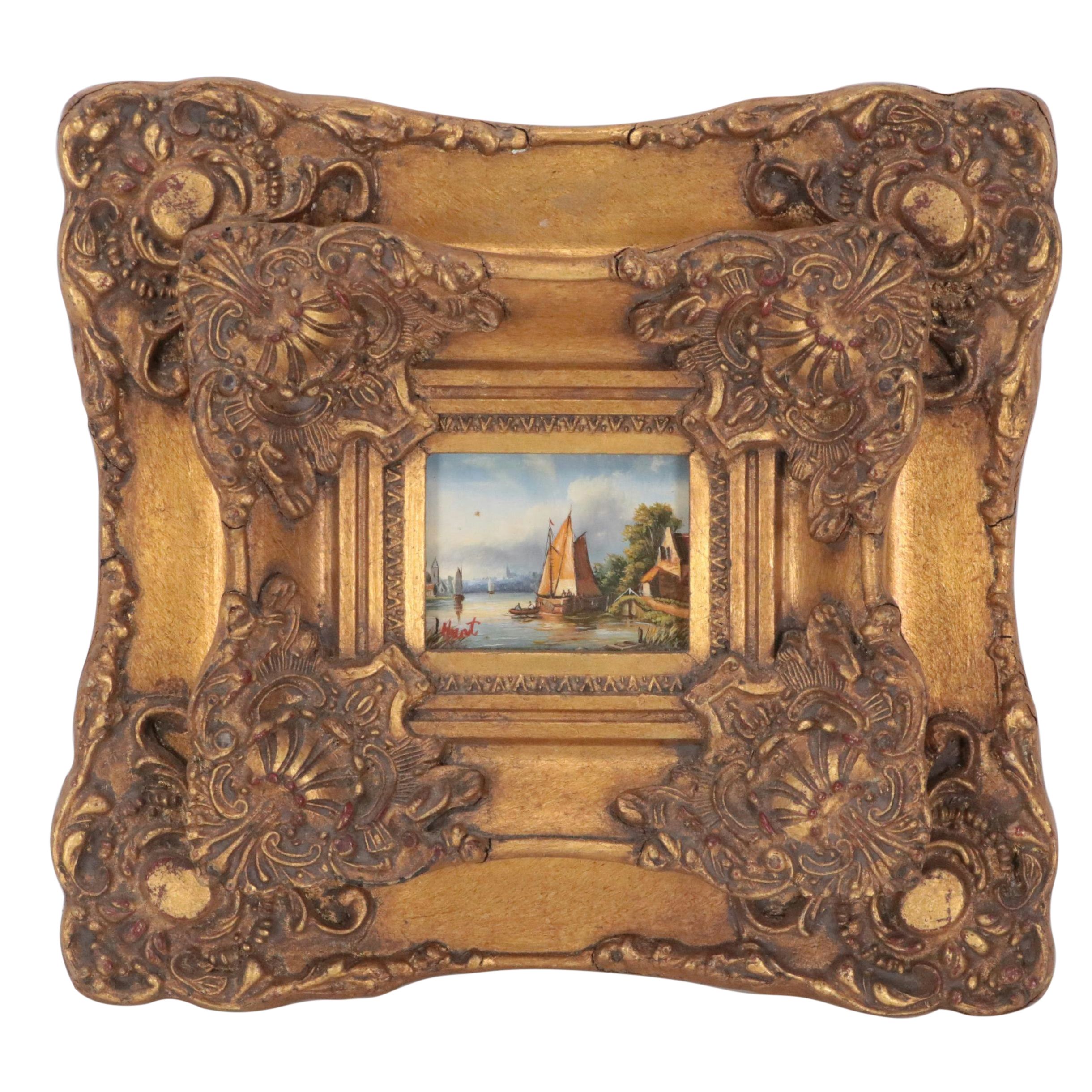 Landscape Oil Painting of Ships in Harbor Scene