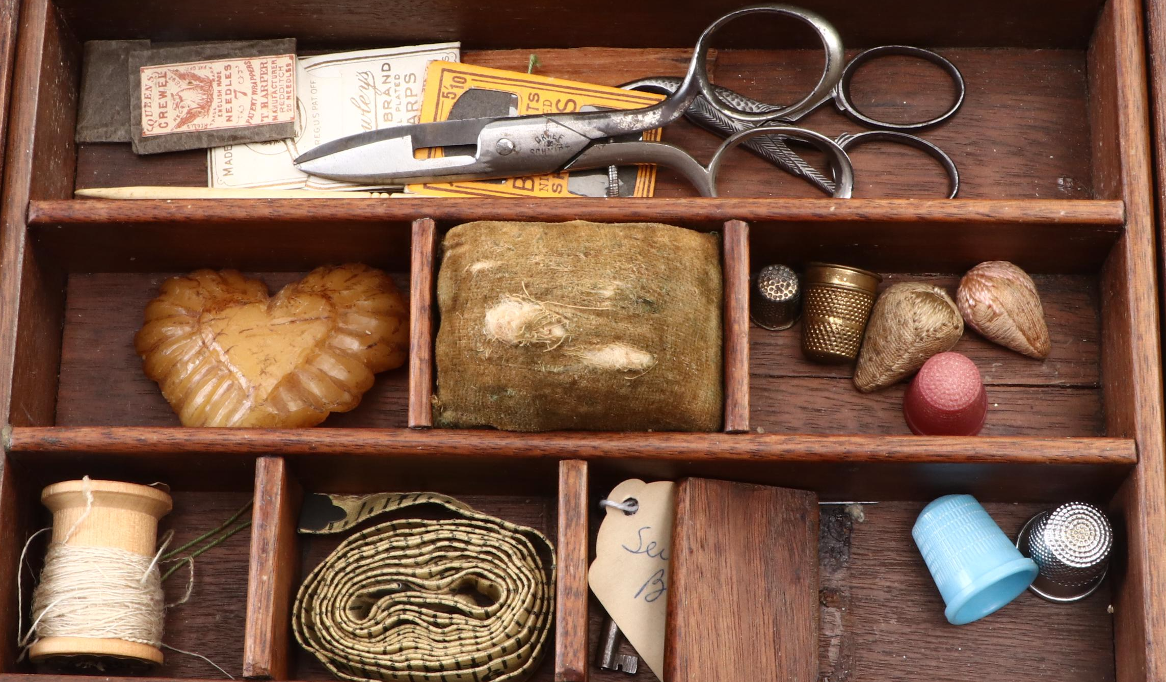 Victorian Walnut Sewing Box with Sewing Supplies, Late 19th Century