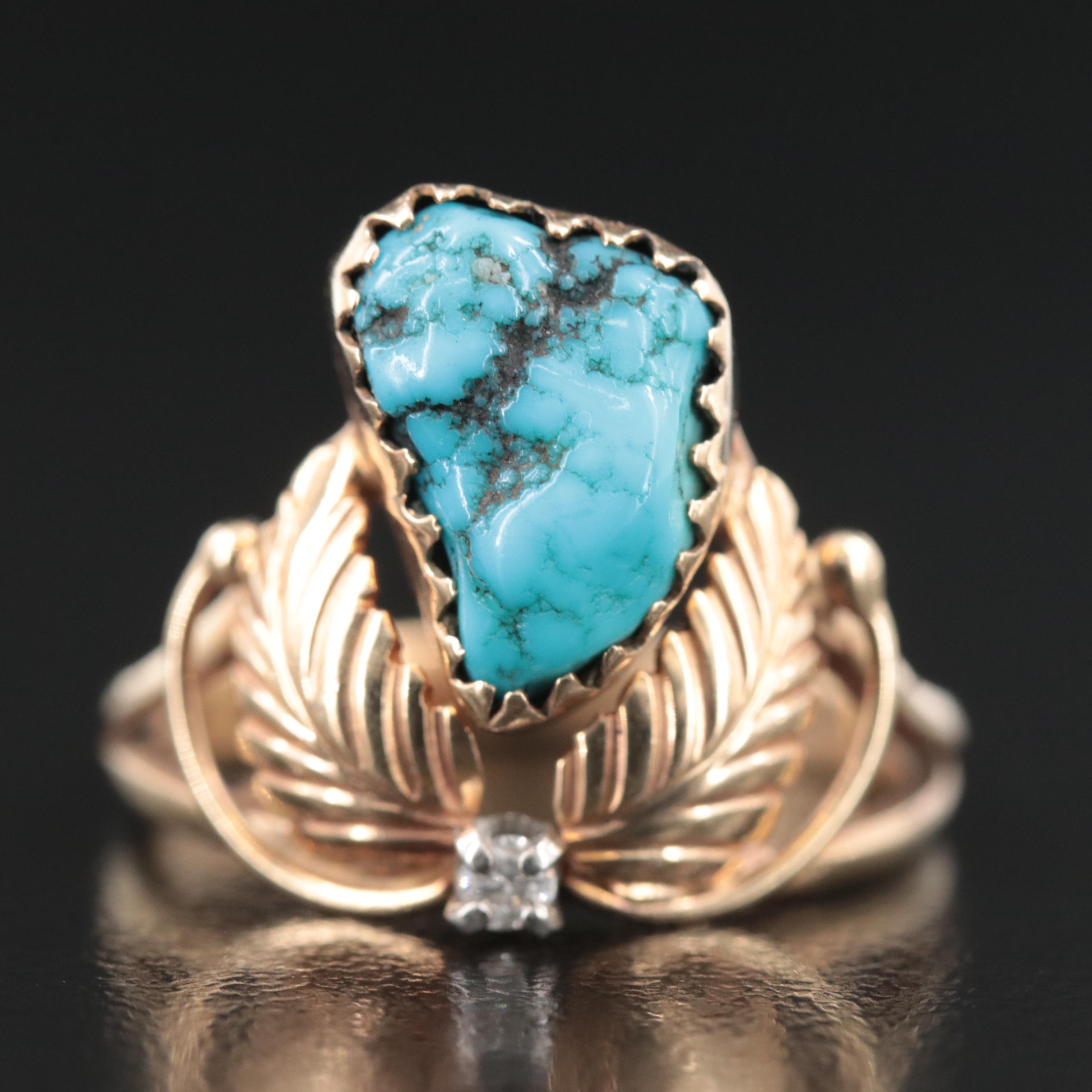 Signed 14K Turquoise and Diamond Feather Appliqué Ring