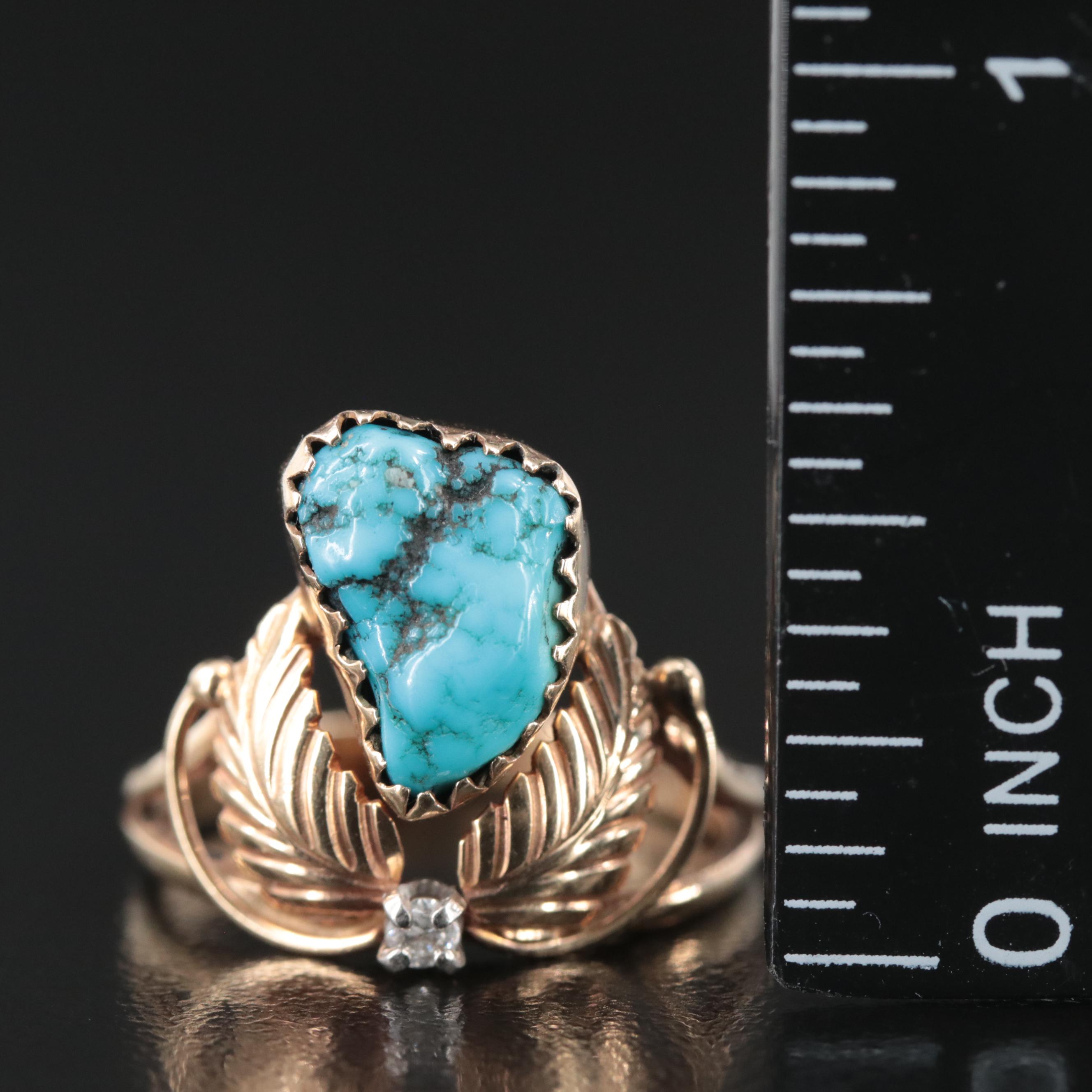 Signed 14K Turquoise and Diamond Feather Appliqué Ring