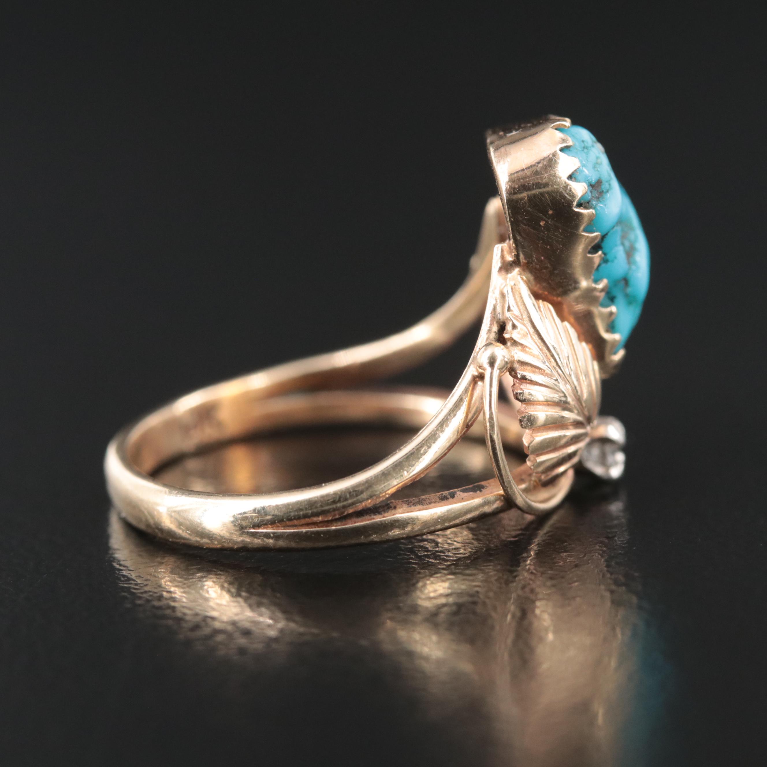 Signed 14K Turquoise and Diamond Feather Appliqué Ring