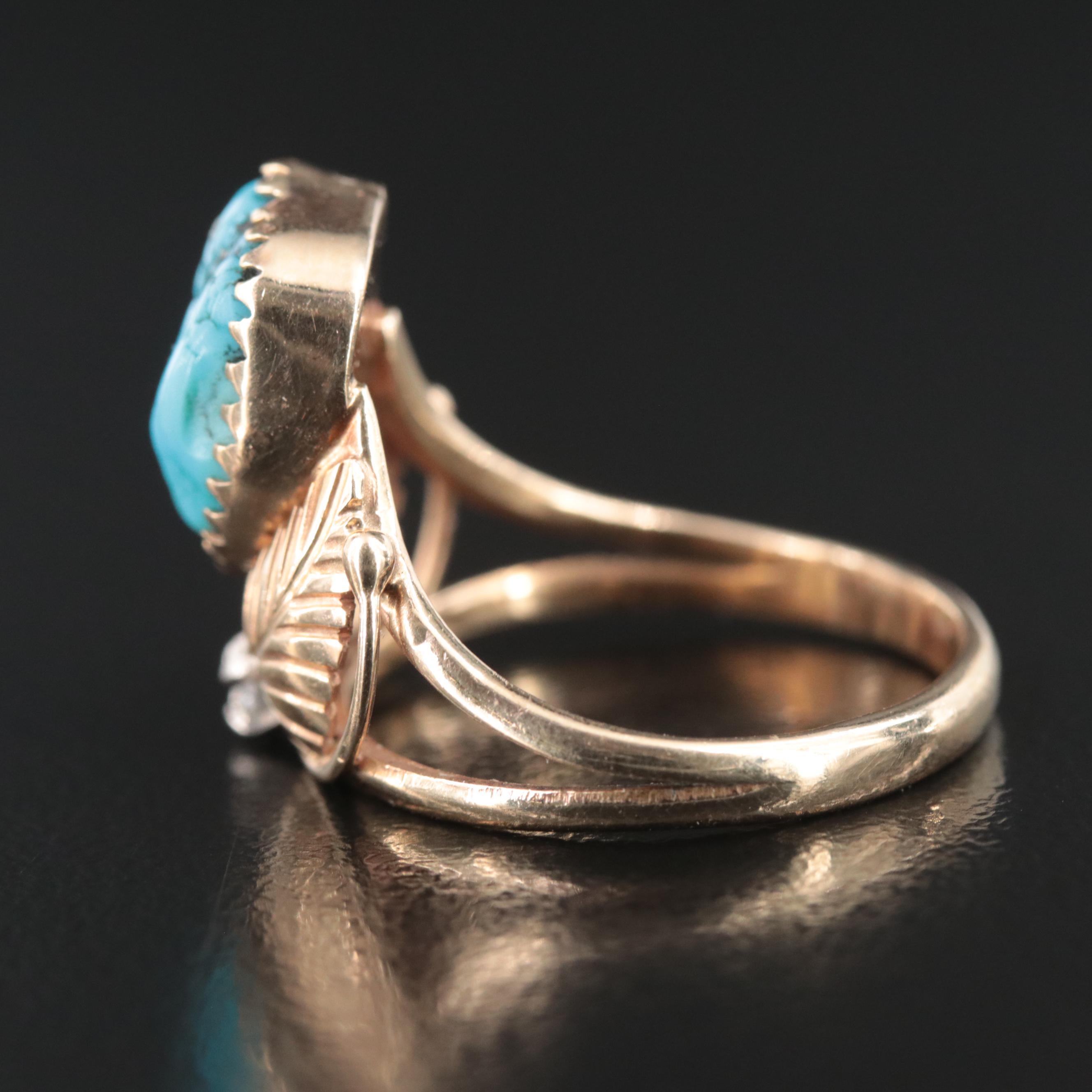 Signed 14K Turquoise and Diamond Feather Appliqué Ring