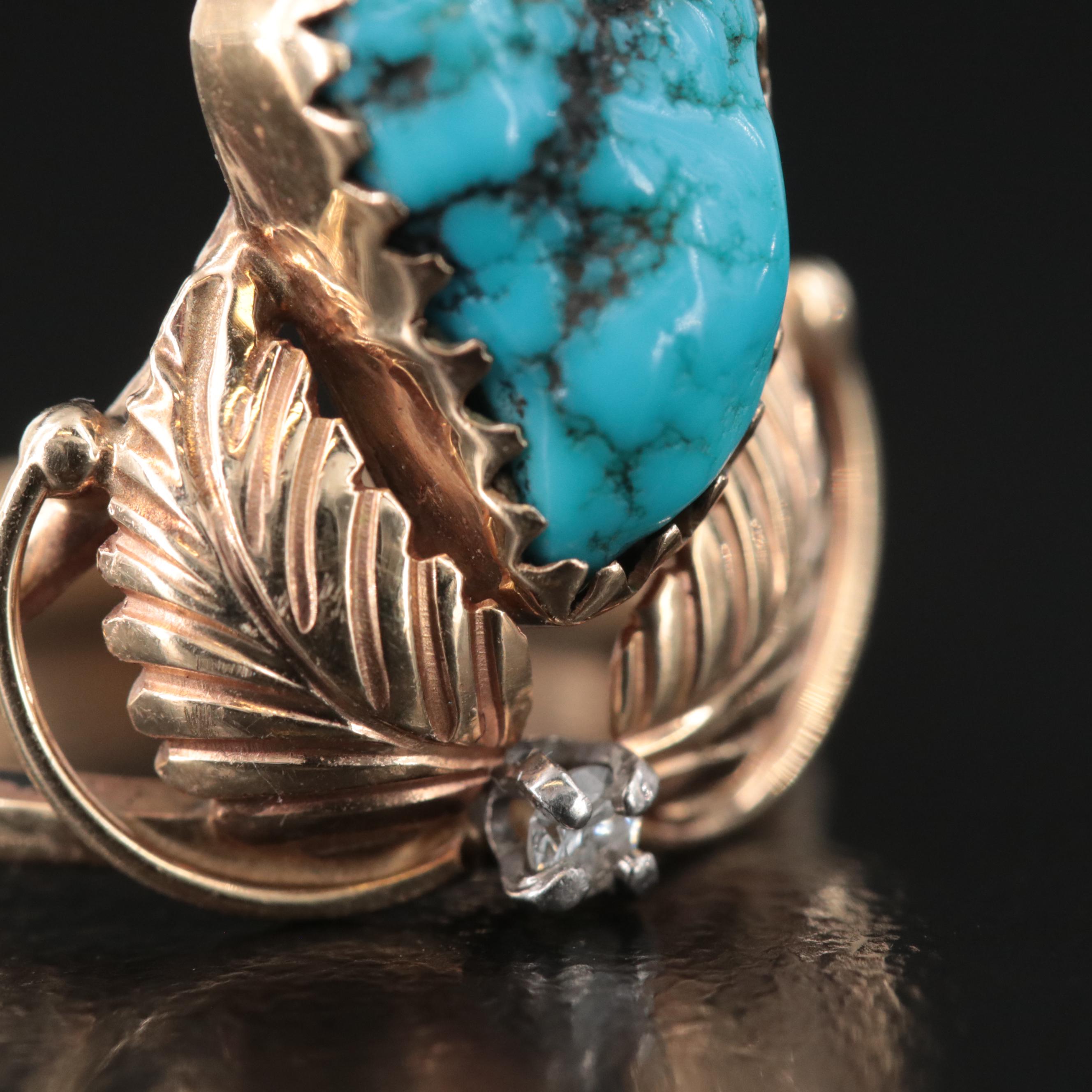 Signed 14K Turquoise and Diamond Feather Appliqué Ring