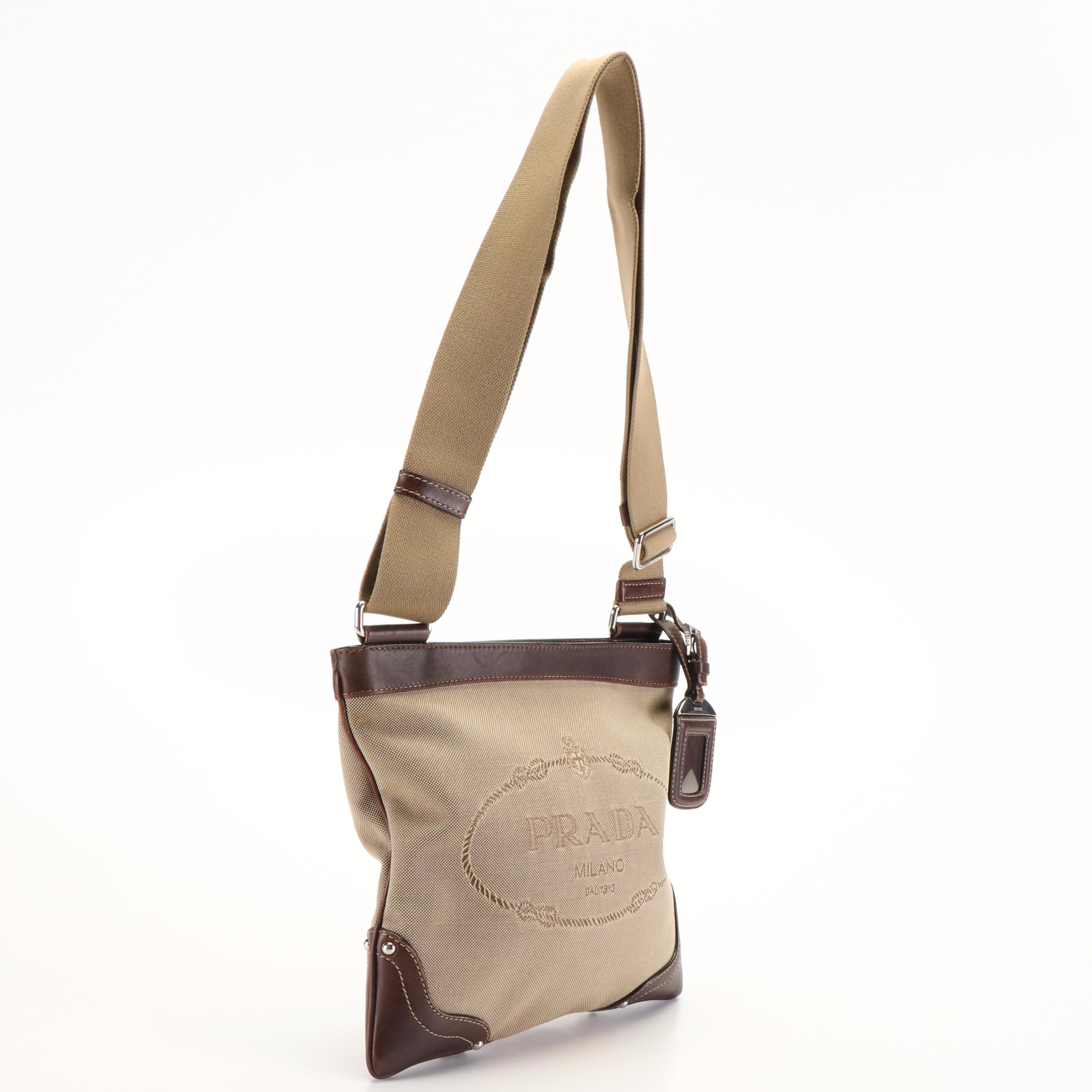 Prada Jacquard Logo Canvas and Leather Messenger Bag