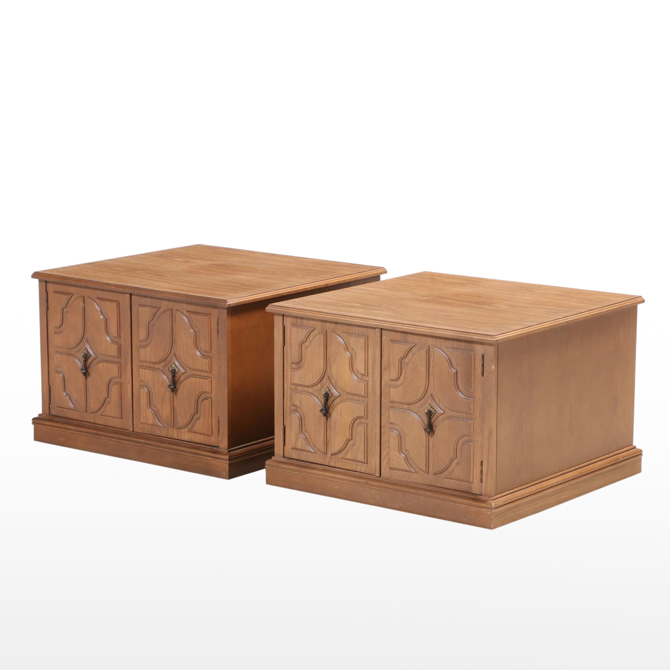 Pair of Mersman Mediterranean Style Oak and Laminate Top Side Cabinets