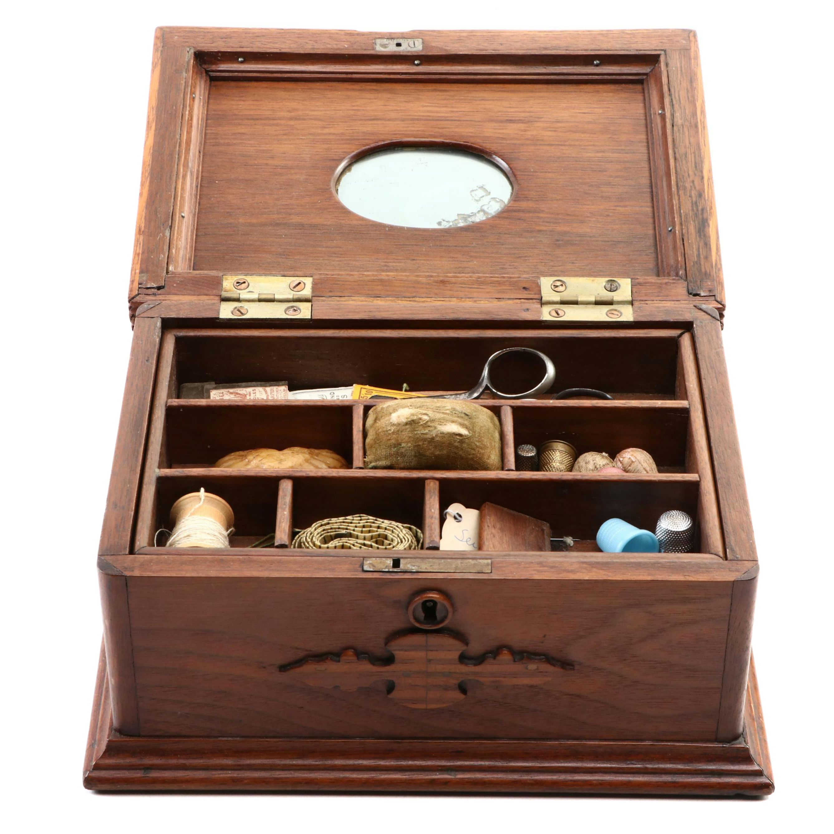 Victorian Walnut Sewing Box with Sewing Supplies, Late 19th Century