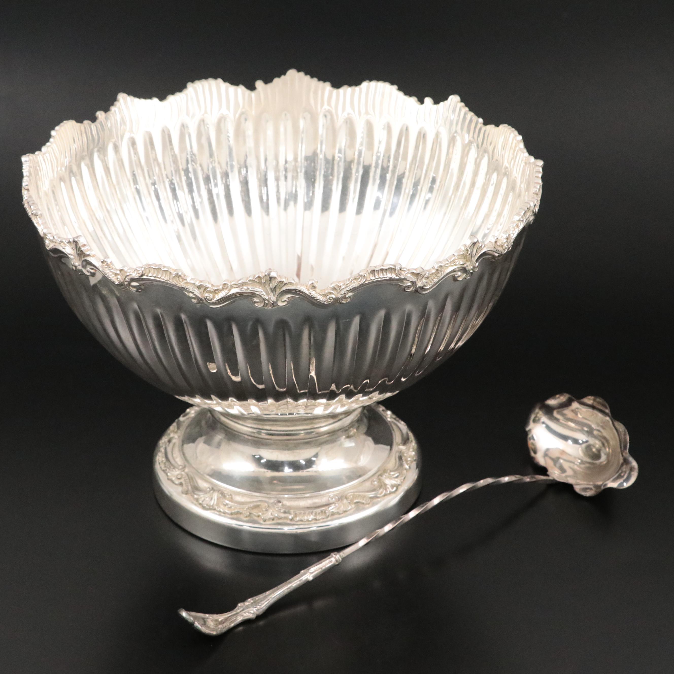 Goldfeder Silverware Co. Georgian Style Punch Bowl and Other Double Spout Ladle