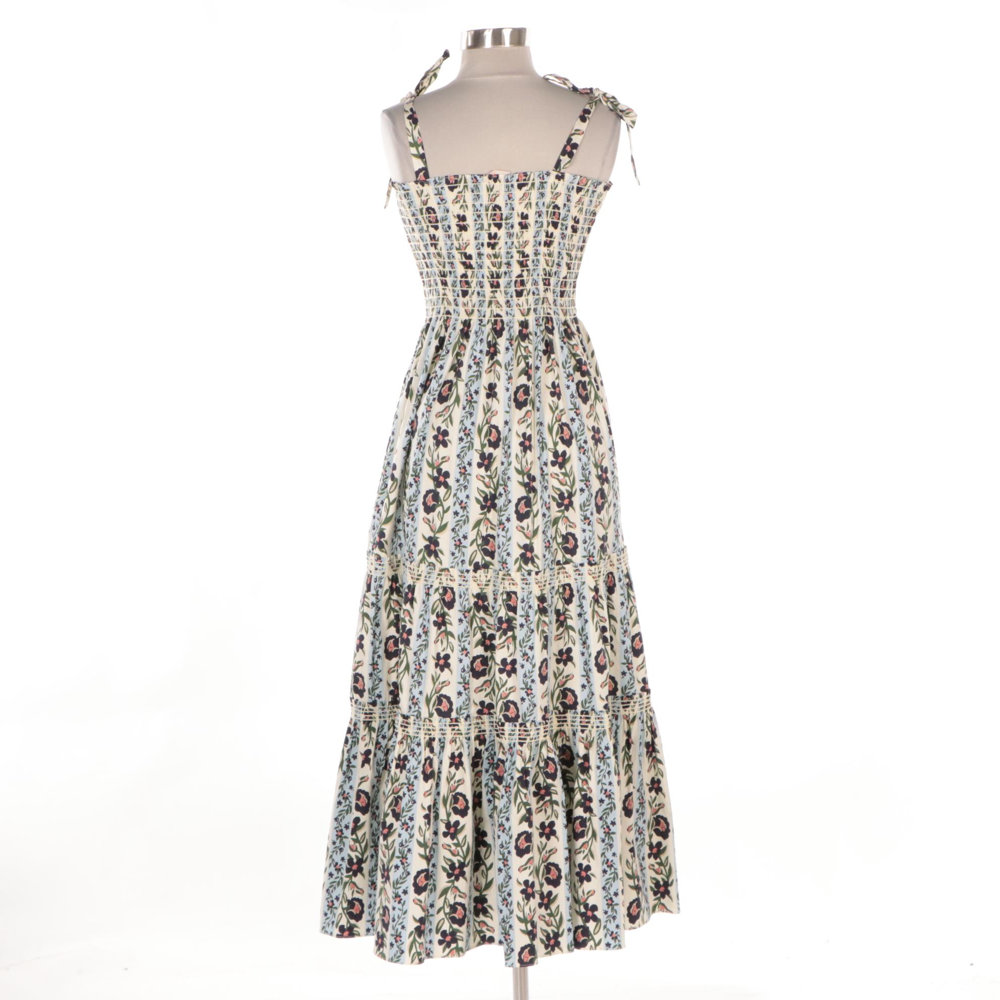 Tory Burch Floral Print Smocked and Tiered Tie-Shoulder Summer Maxi Dress