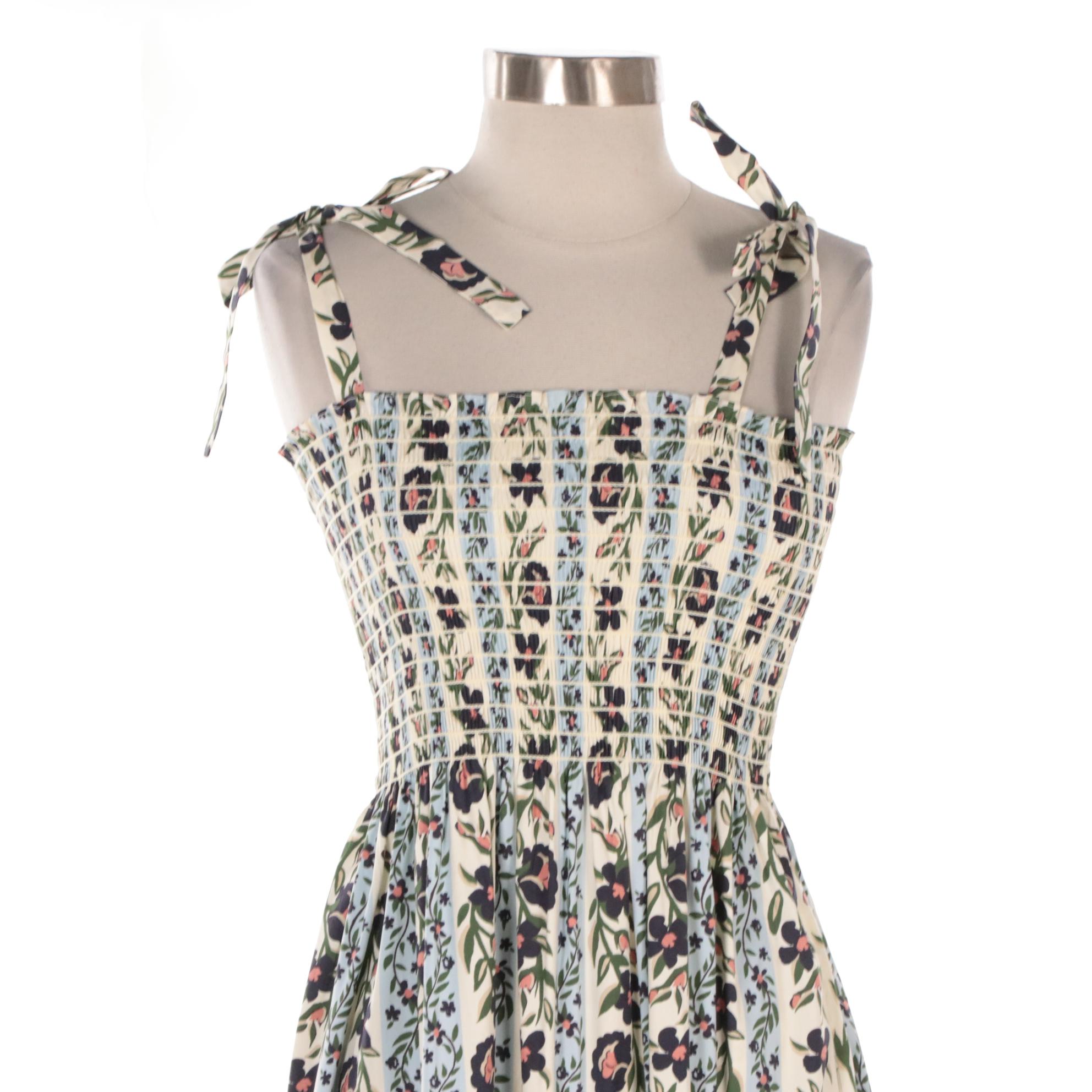 Tory Burch Floral Print Smocked and Tiered Tie-Shoulder Summer Maxi Dress