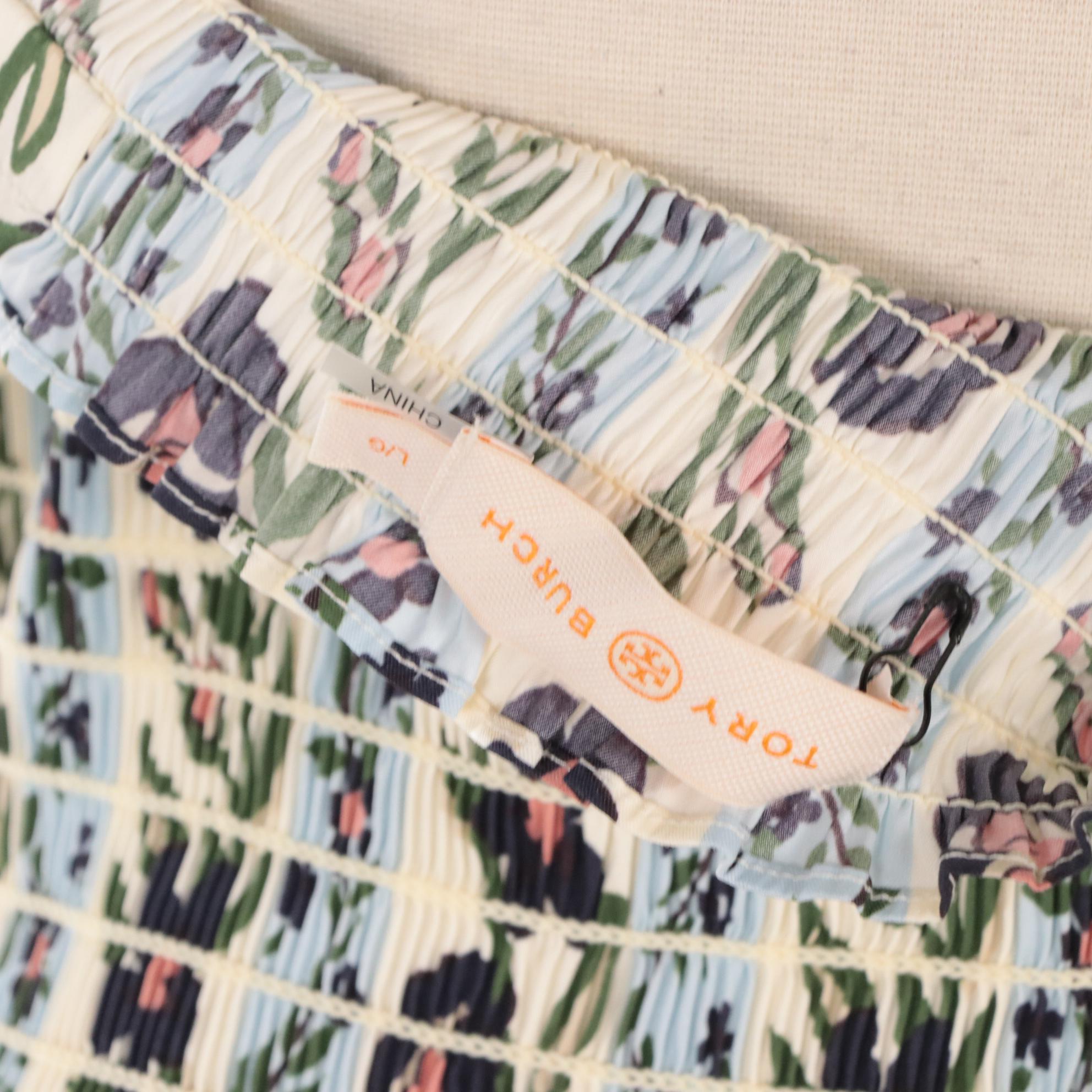 Tory Burch Floral Print Smocked and Tiered Tie-Shoulder Summer Maxi Dress