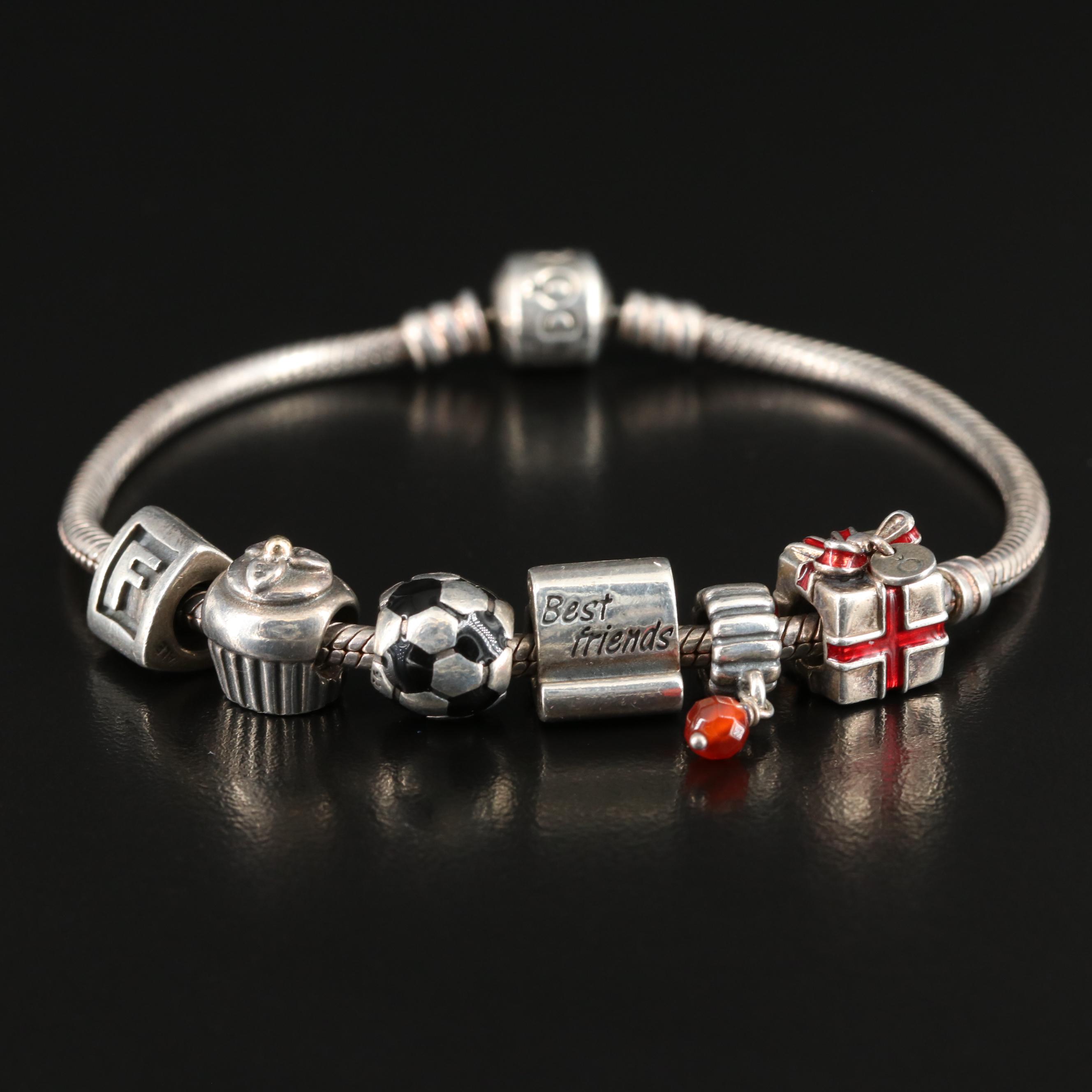 Pandora Sterling Carnelian and Enamel Charm Bracelet