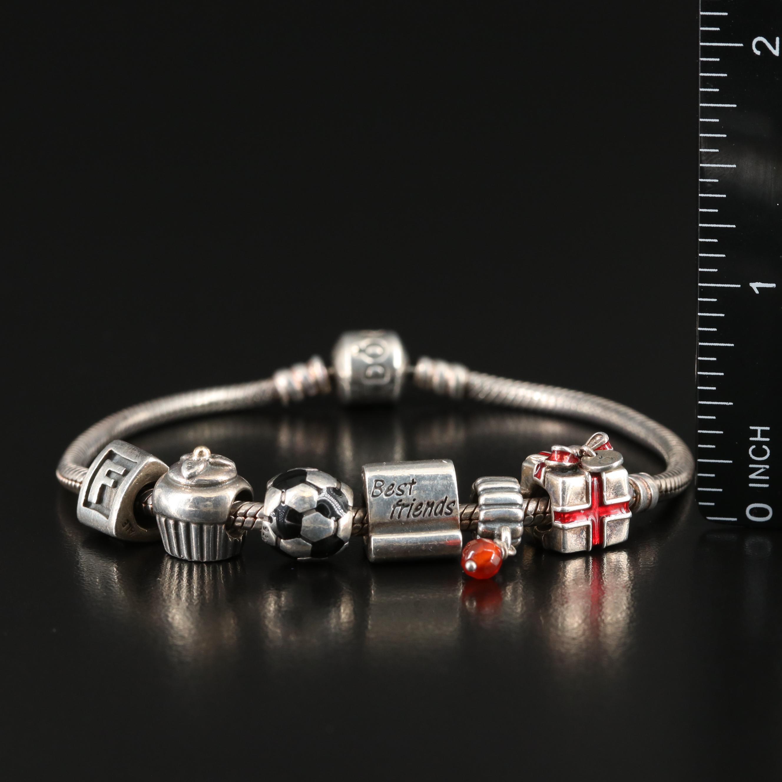 Pandora Sterling Carnelian and Enamel Charm Bracelet