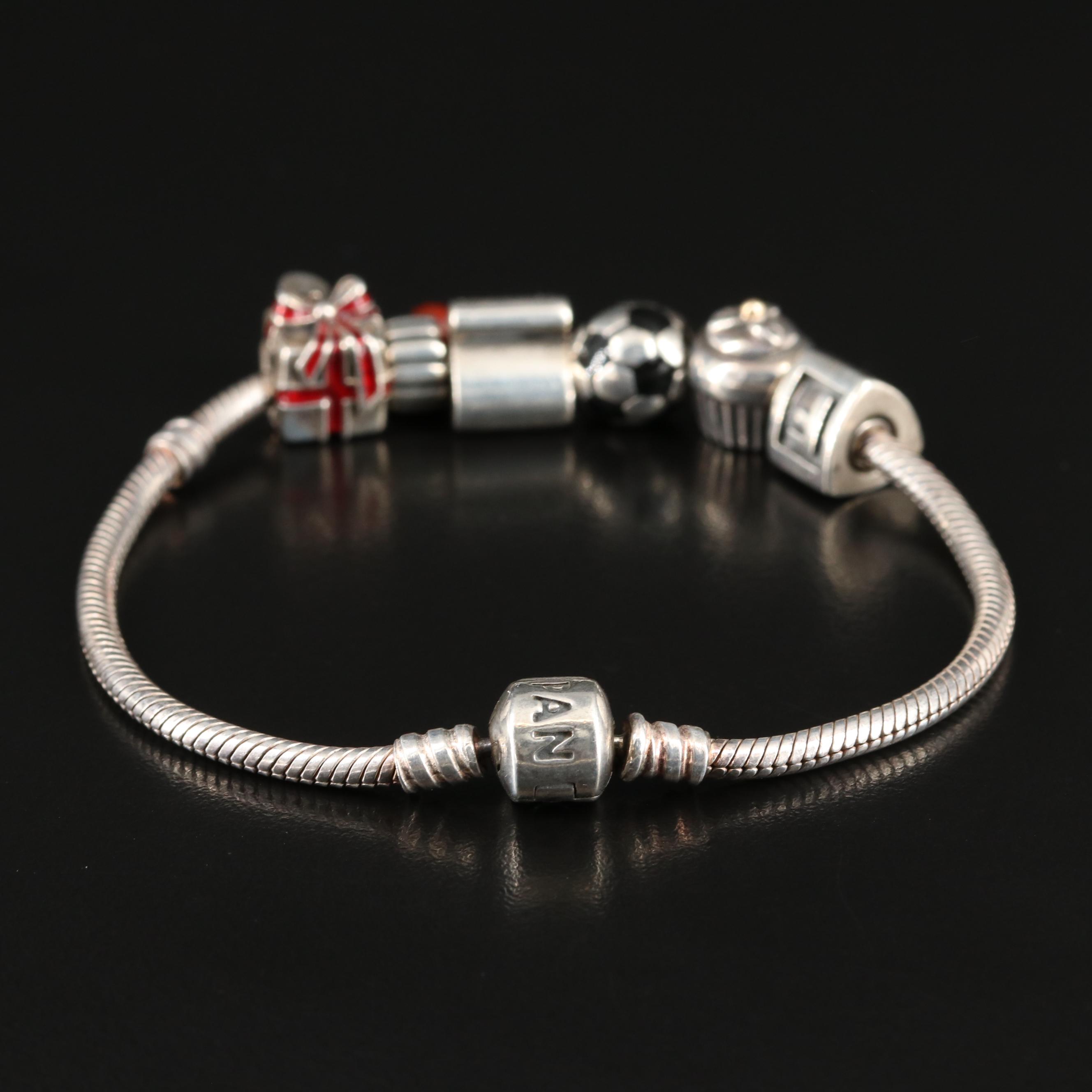 Pandora Sterling Carnelian and Enamel Charm Bracelet