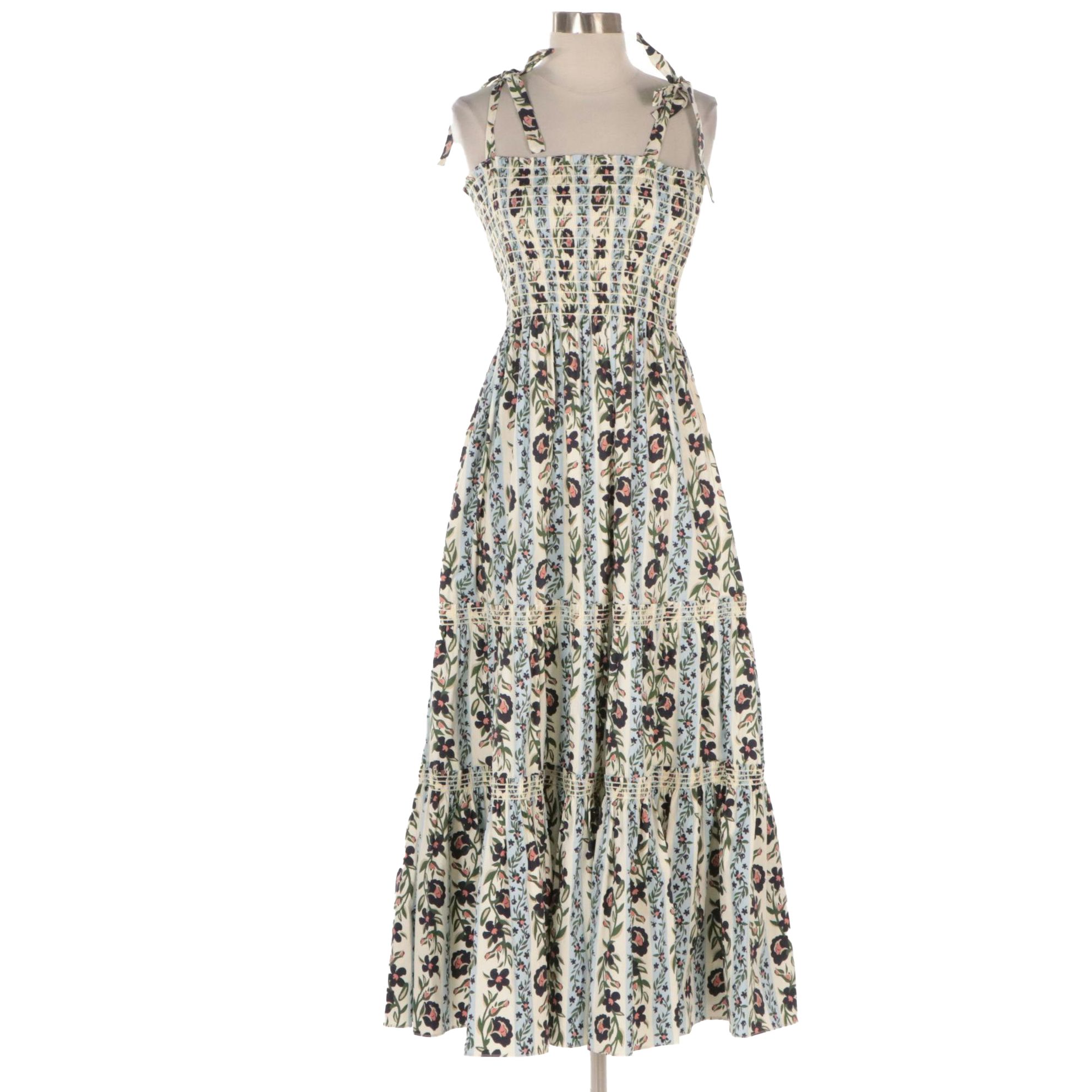 Tory Burch Floral Print Smocked and Tiered Tie-Shoulder Summer Maxi Dress