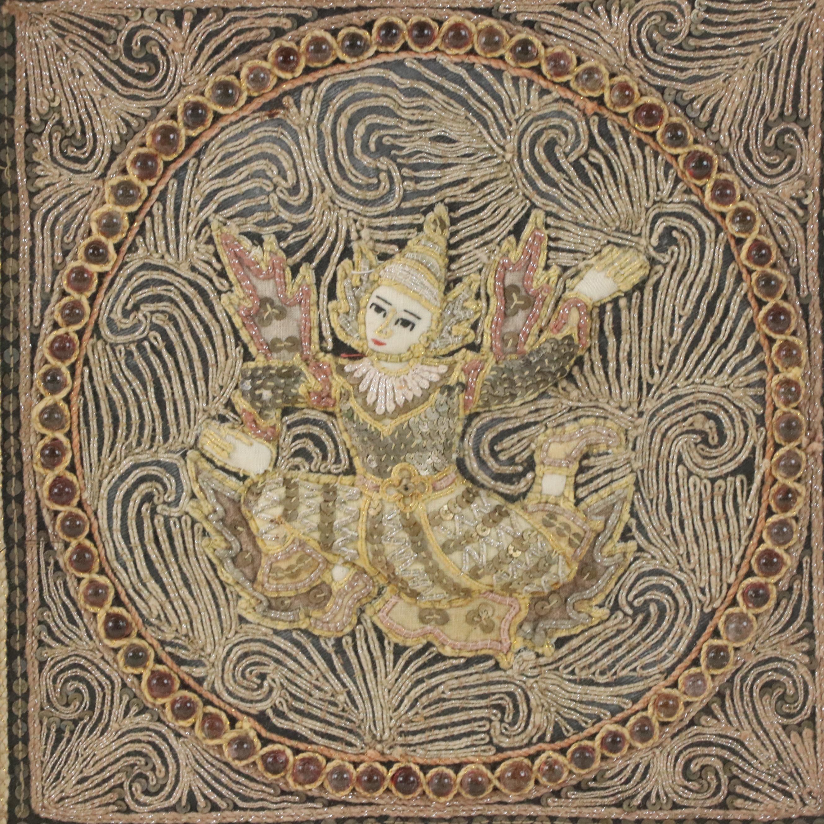 Burmese Handmade Figural Kalaga Framed Wall Hanging