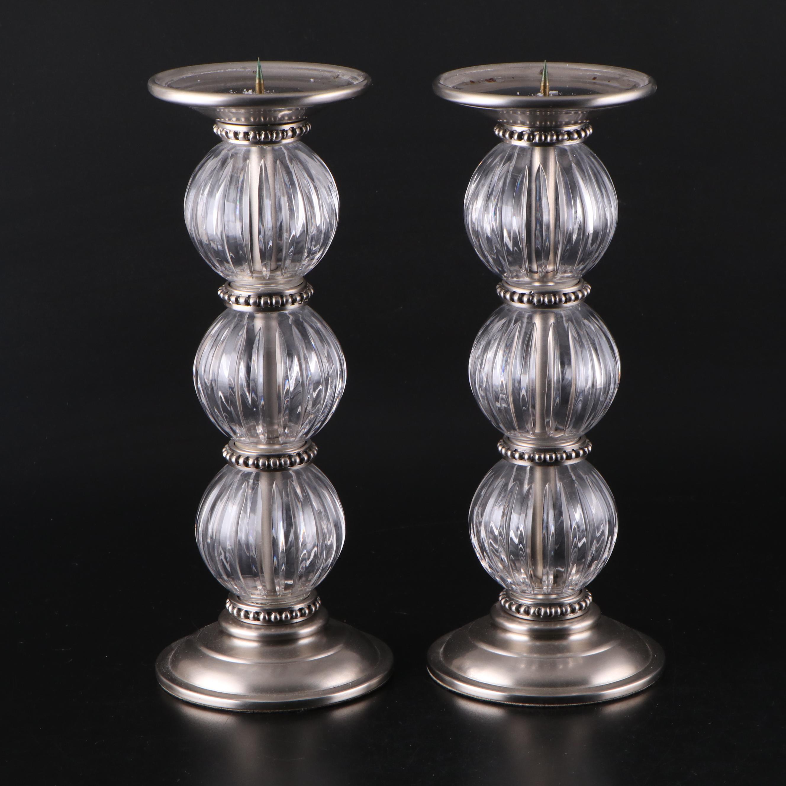 Brushed Nickel and Stacked Acrylic Orb Pillar Candle Holders