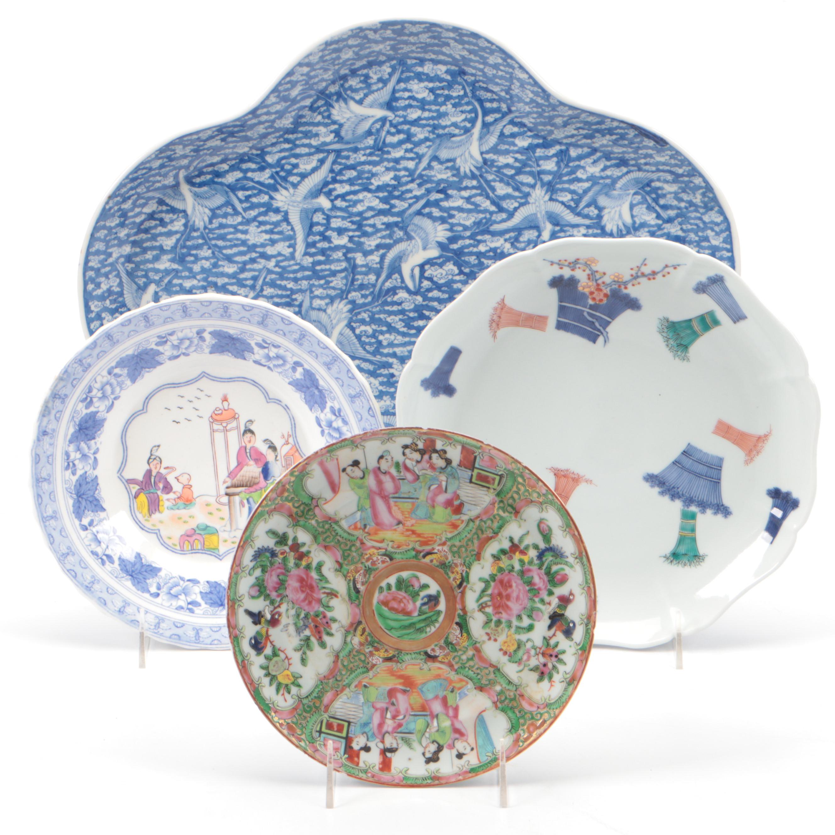 Japanese Seto Hand-Painted Porcelain Platter with Crane Motifs and Other Dishes