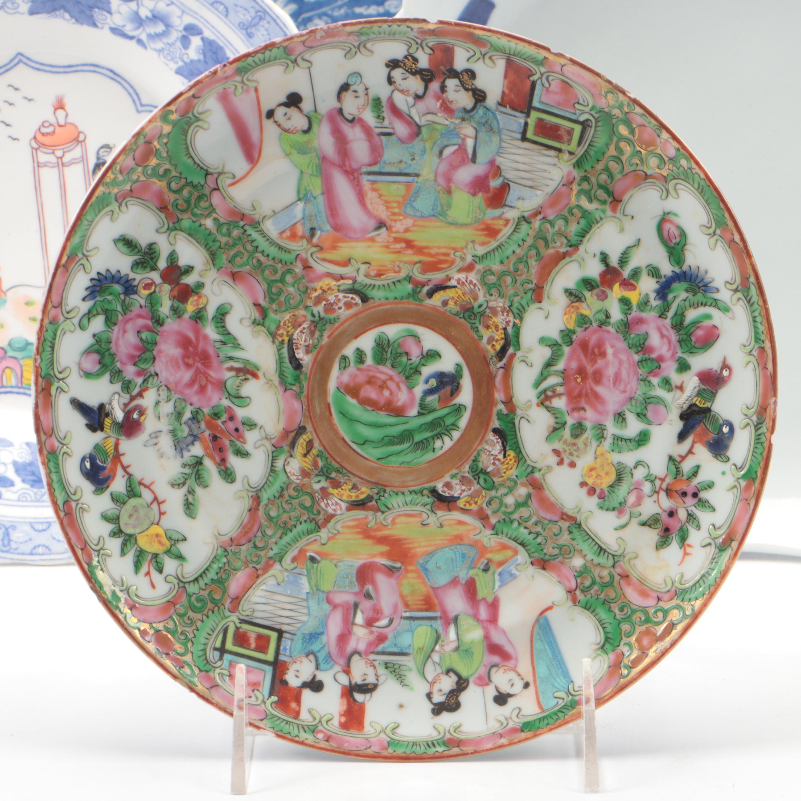 Japanese Seto Hand-Painted Porcelain Platter with Crane Motifs and Other Dishes
