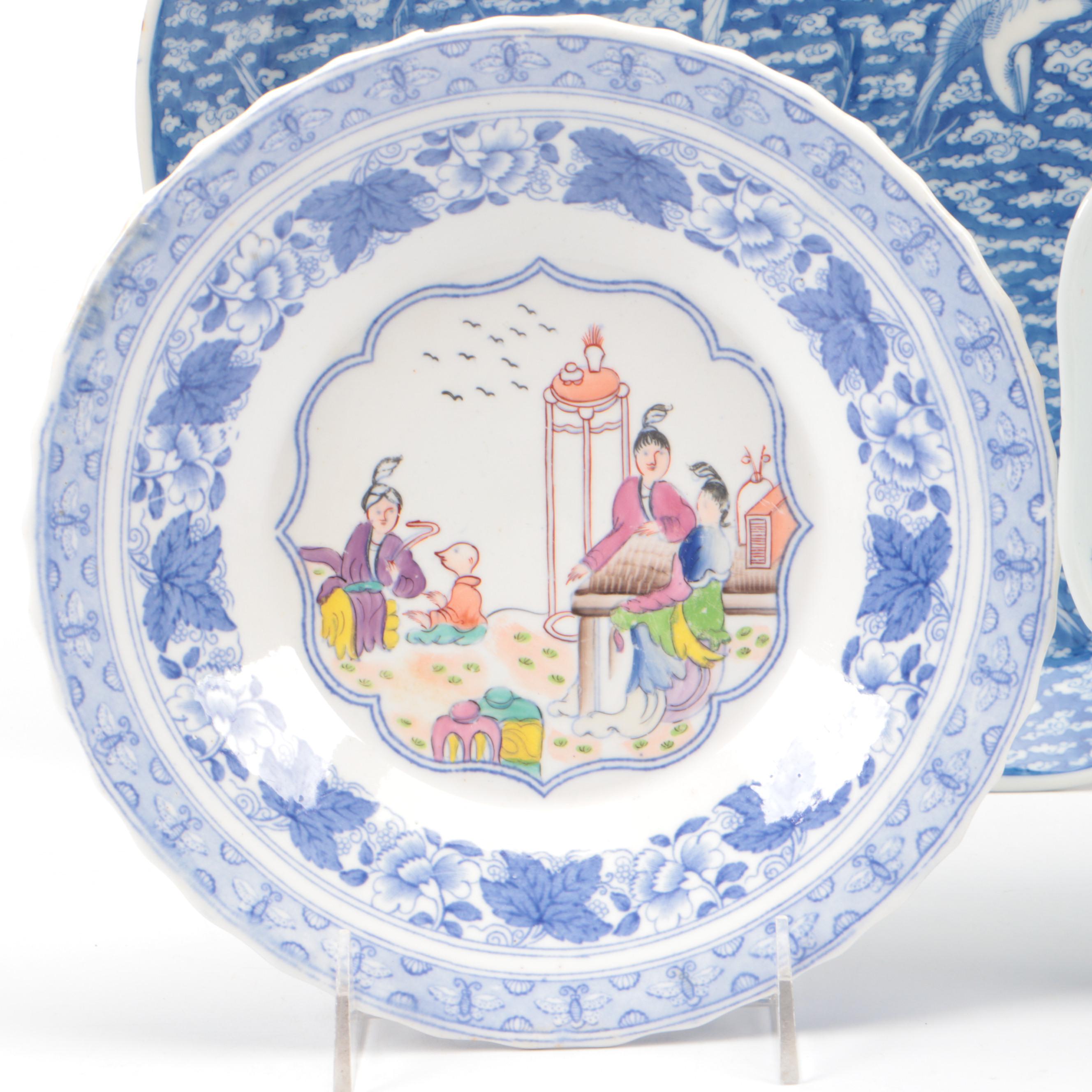 Japanese Seto Hand-Painted Porcelain Platter with Crane Motifs and Other Dishes