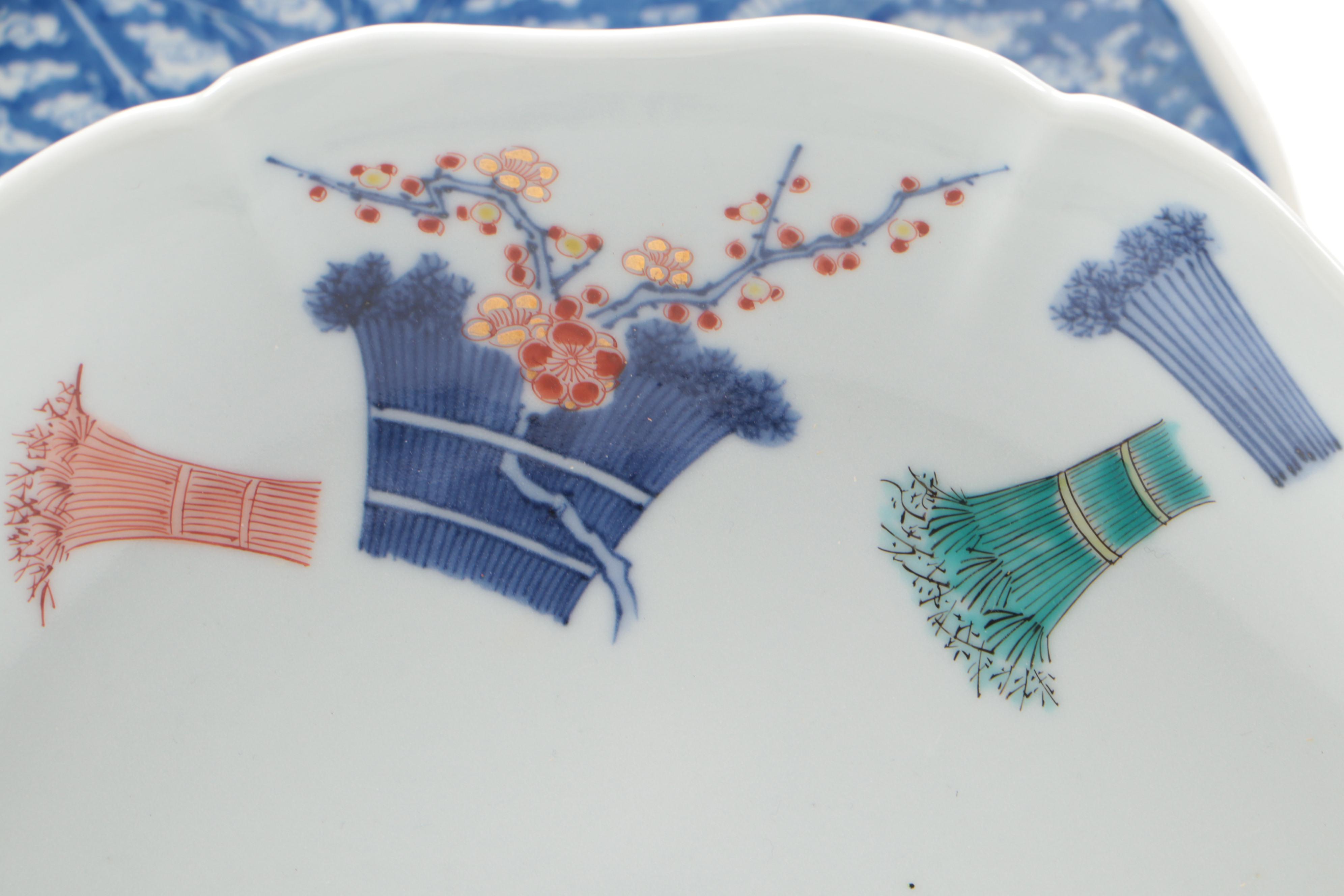 Japanese Seto Hand-Painted Porcelain Platter with Crane Motifs and Other Dishes