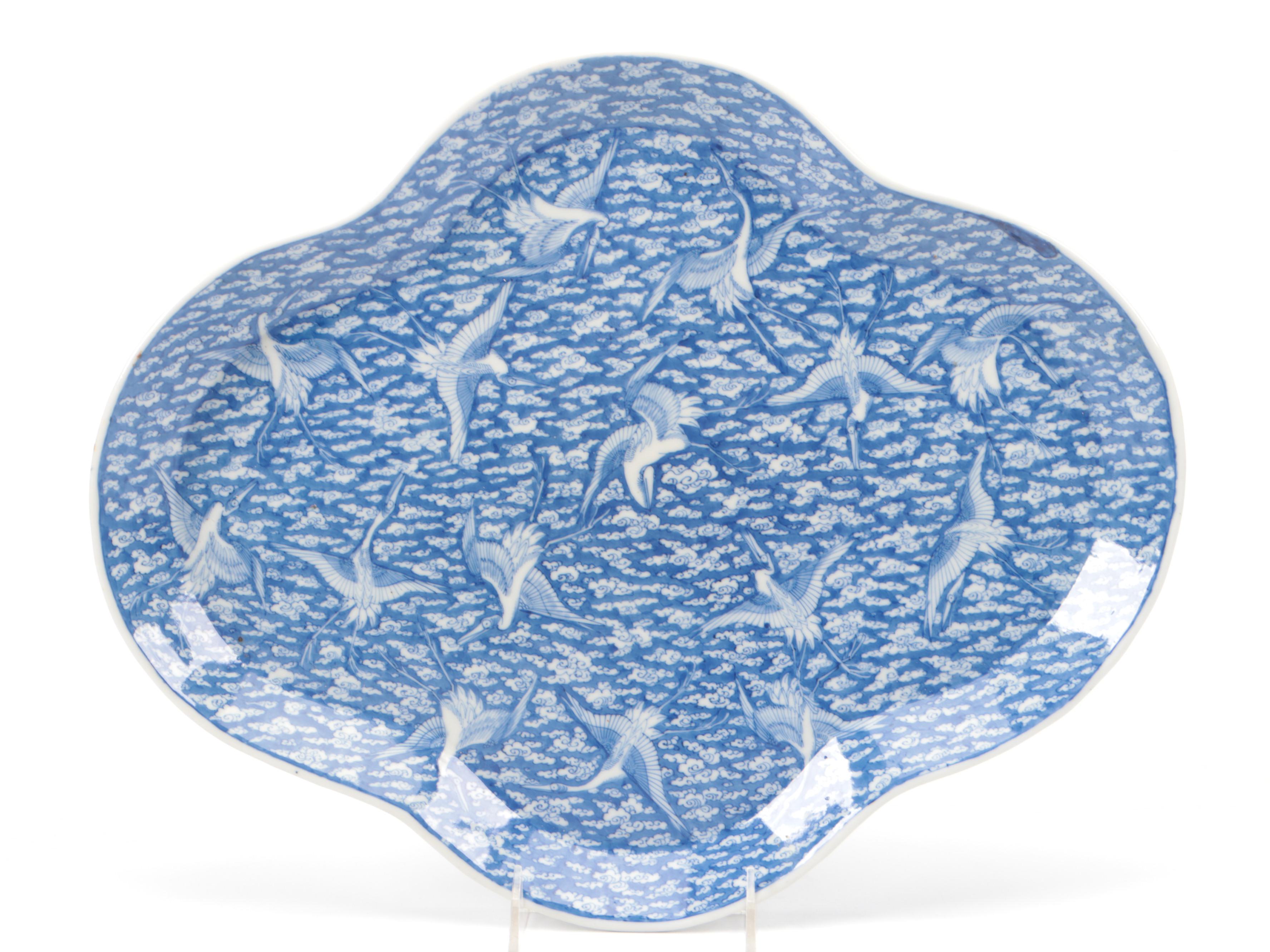 Japanese Seto Hand-Painted Porcelain Platter with Crane Motifs and Other Dishes