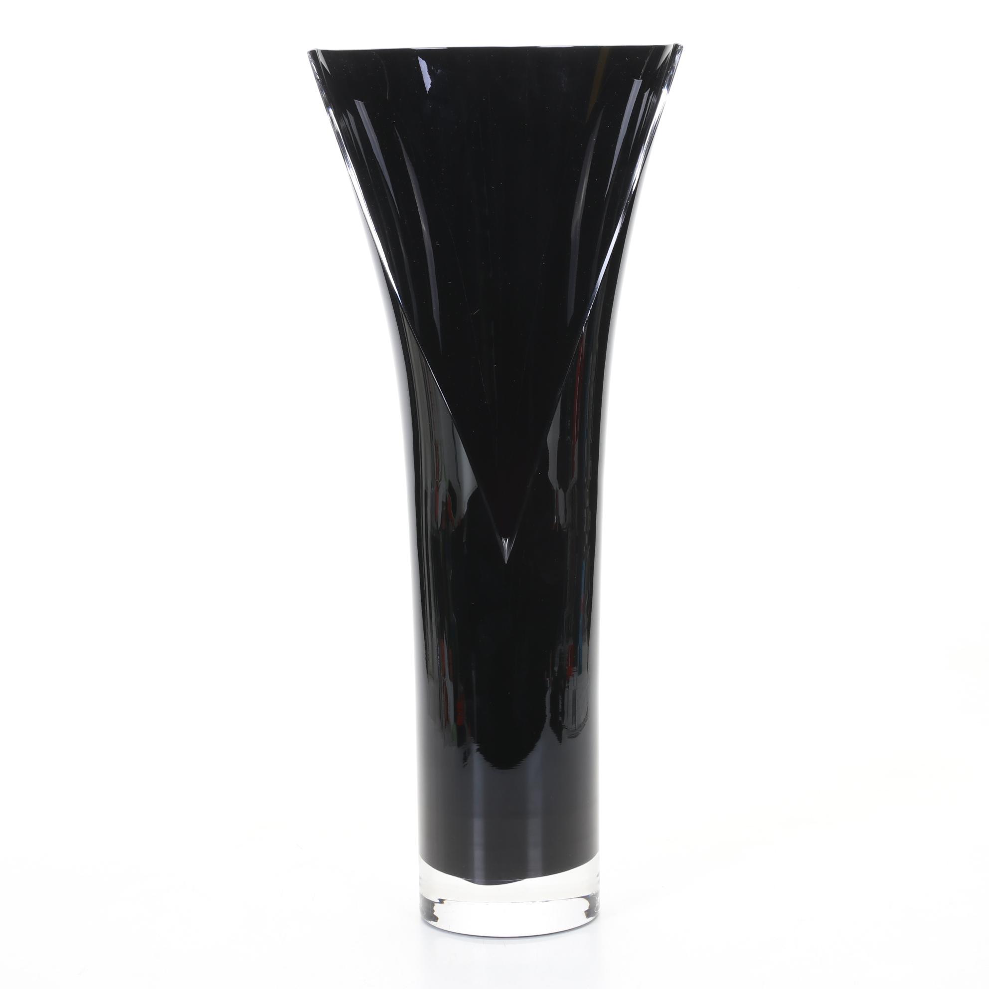 Orrefors Studio "Slitz" Black Art Glass Vase By Lena Bergstrom, 1998