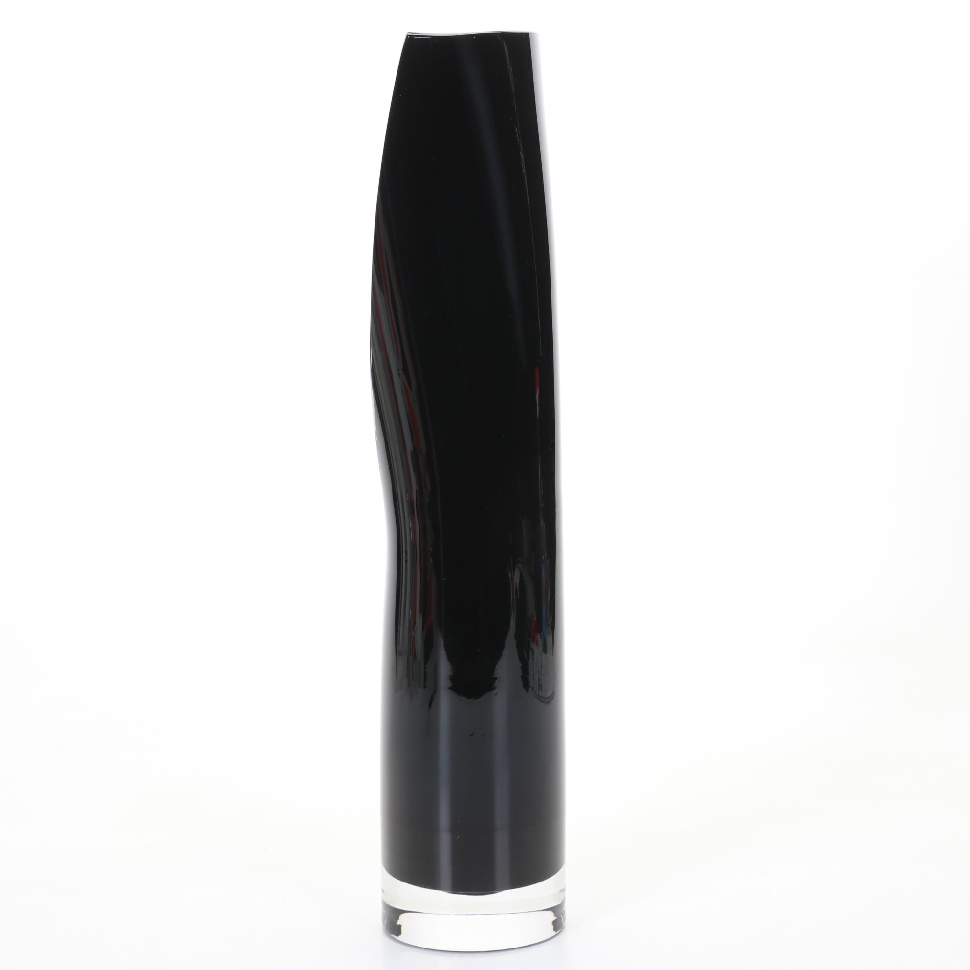 Orrefors Studio "Slitz" Black Art Glass Vase By Lena Bergstrom, 1998