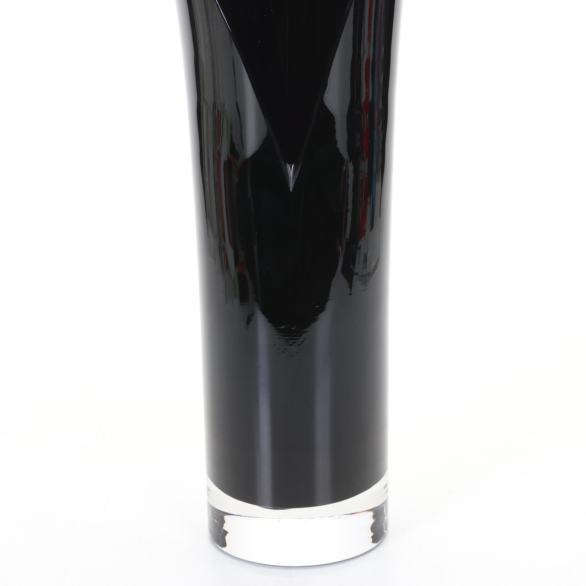 Orrefors Studio "Slitz" Black Art Glass Vase By Lena Bergstrom, 1998